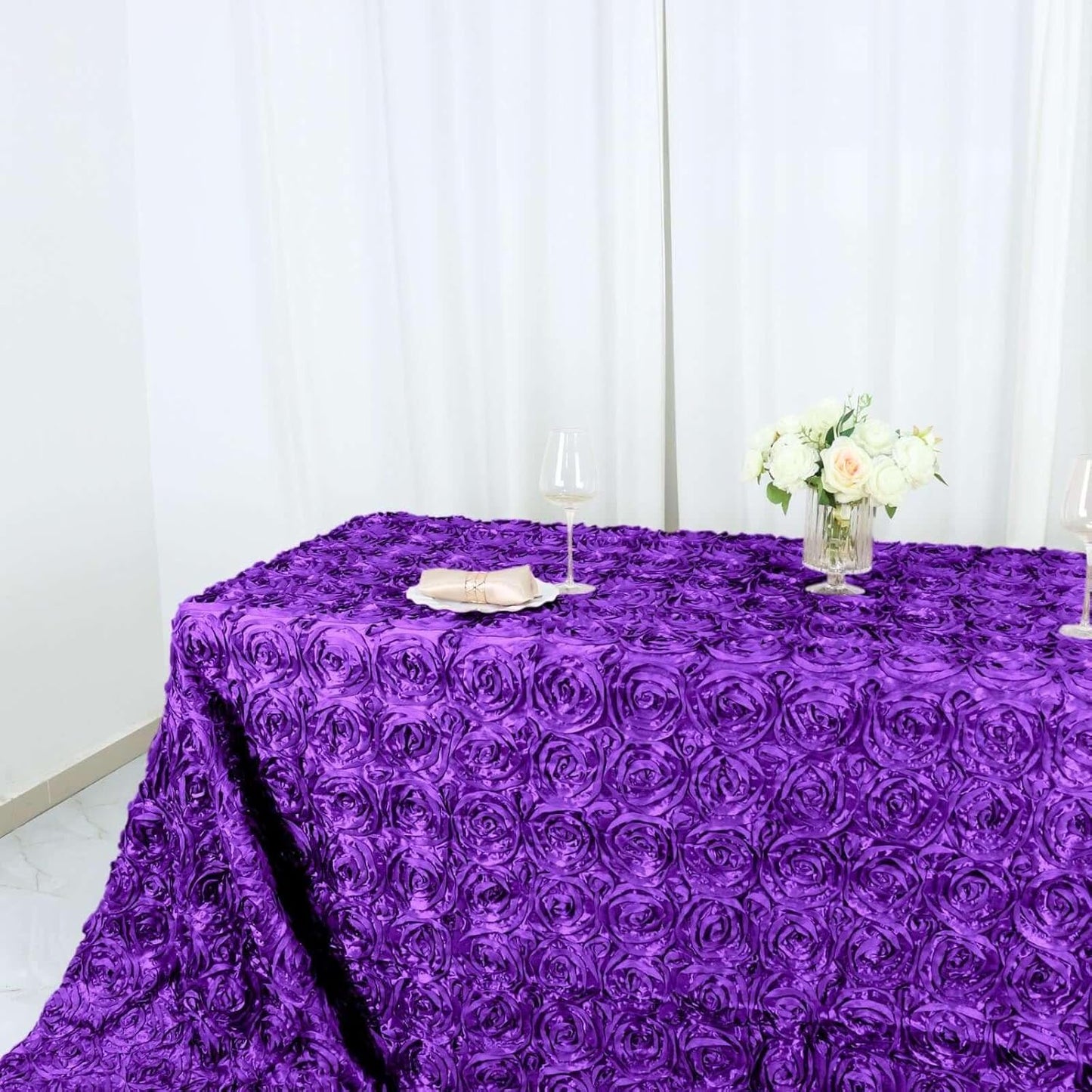 Efavormart 90"x156" Wholesale Rectangle Table Cover Purple Grandiose Rosette 3D Satin Tablecloth for Wedding Party Event Decoration