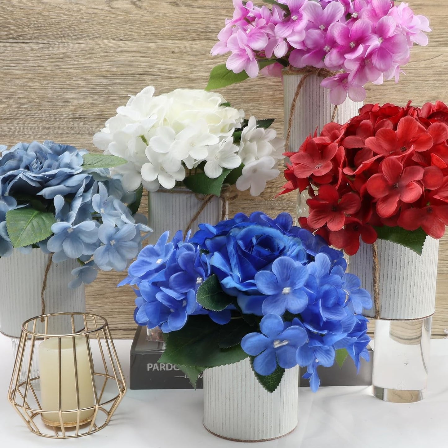 Flower Table Centerpieces - Set of 6 Floral Arrangement Artificial Wedding Hydrangeas Floral Arrangement with Rustic Metal Vase for Bridal Tea Party Event Decorations - Purple