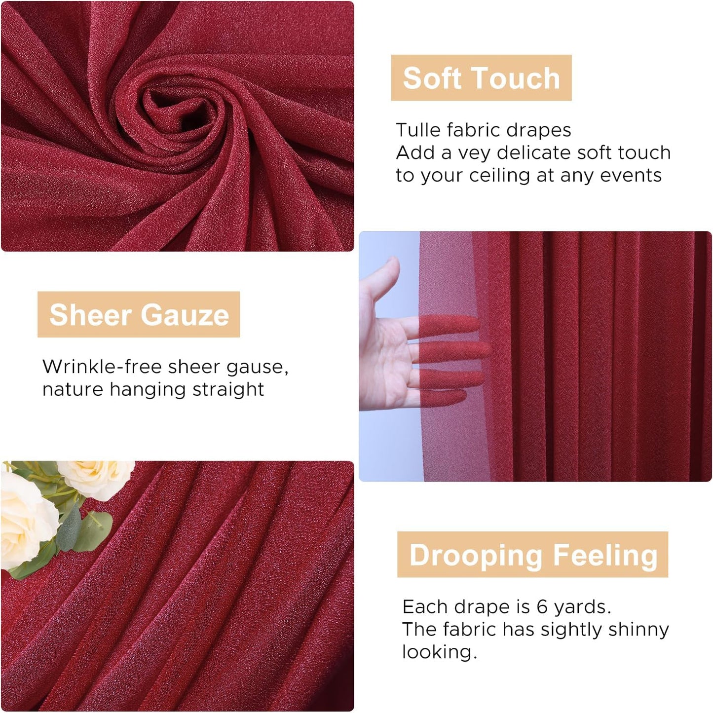 Wokceer Wedding Arch Draping 2 Panels 28.7" x 20FT Burgundy Sheer Fabric Backdrop for Ceremony, Birthday Party, Bridal Shower Decoration