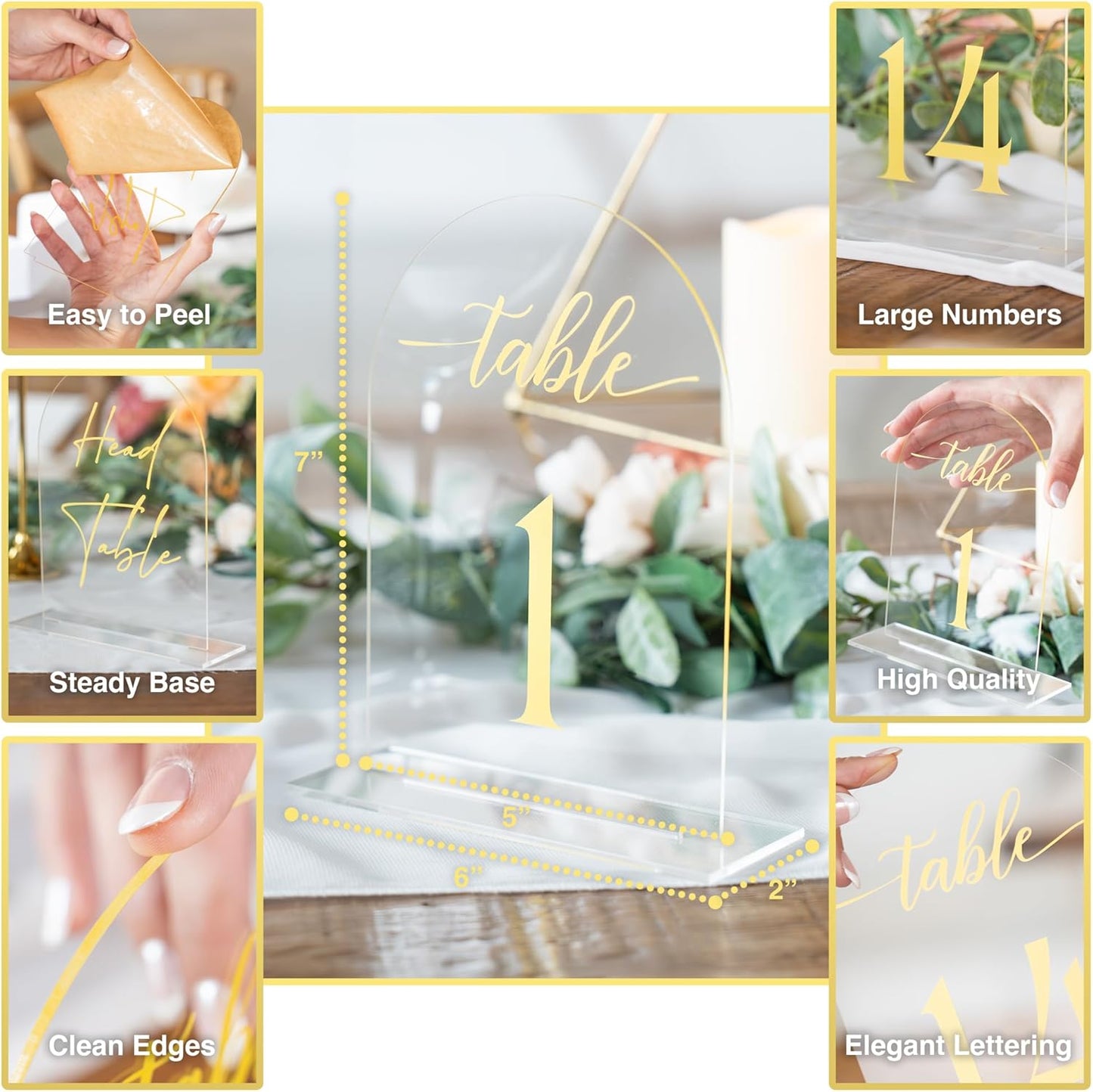 Clear Arch Acrylic Table Numbers for Wedding Reception - 5" x 7" Gold Font Centerpiece Set with Holder Stands & Head Table Sign - Anniversary, Event, Party, Wedding set 1-10