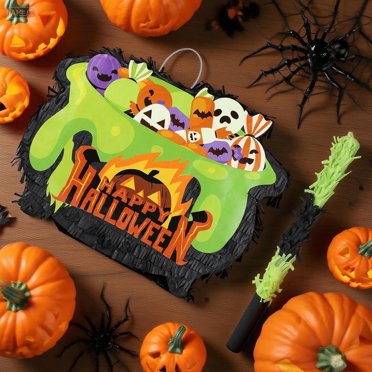 Halloween Witch's Cauldron Pinatas Bundle with a Blindfold and Bat (16.1x12.5x4 Inches), Bubbling Witch Pot, Wizard Theme Birthday Party Game and Decoration