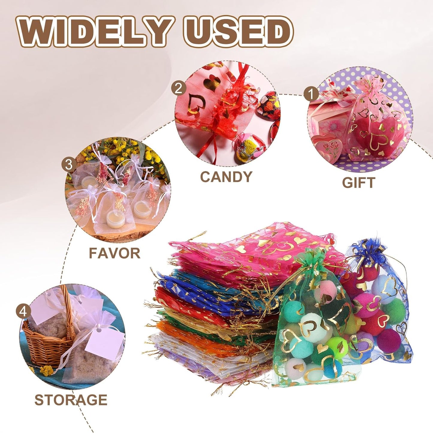 PATIKIL 100 Pcs 4x6 Inch Heart Printed Organza Bags, Purple Sheer Heart Organza Bags with Drawstring for Christmas Candy Jewelry Party Wedding Favor Gift