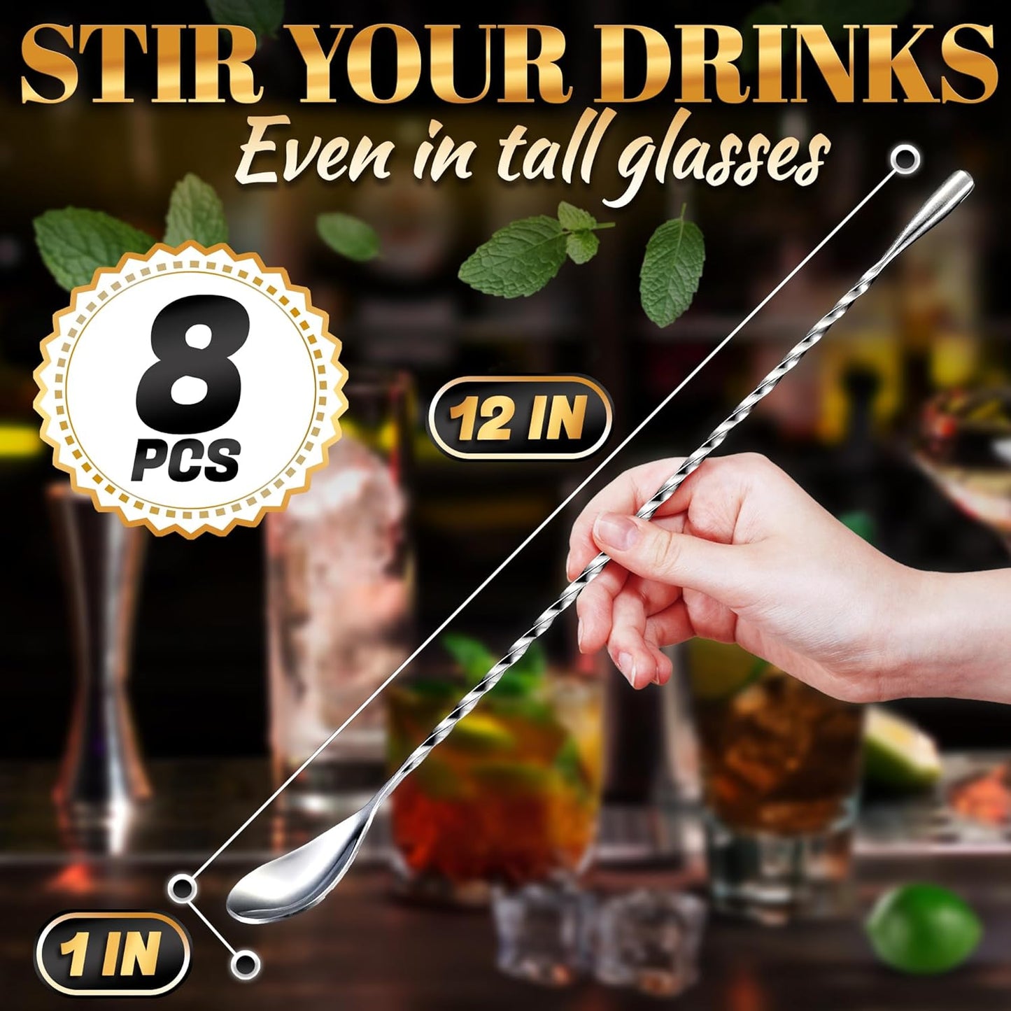 8 Pcs Bar Spoon Cocktail Mixing Spoon – 12'' Stainless Steel Cocktail Stirrers for Drinks, Polished Surface, Easy to Clean – Useful Bar Spoons for Professional and Home | Caviar Spoons