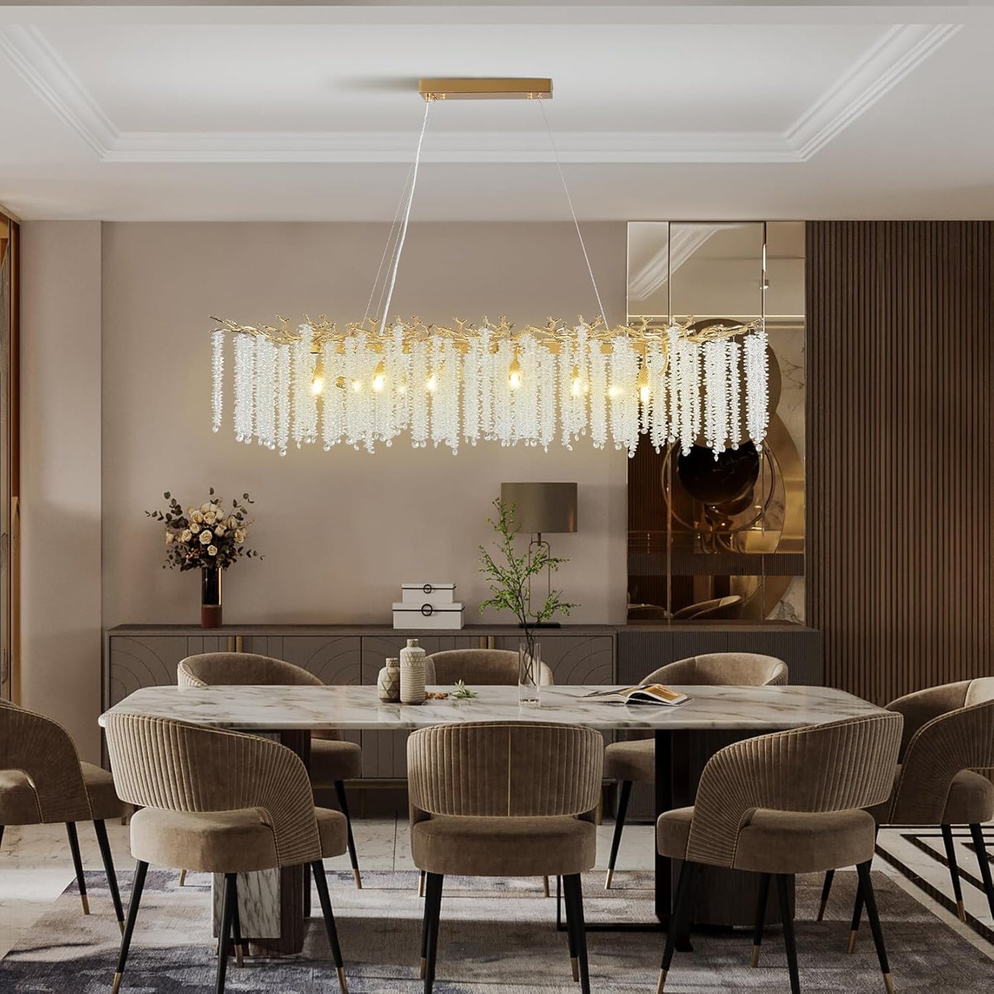 YUYI Modern Crystal Chandelier, 47.2" Gold Tree Branch Chandeliers for Dining Room, Large Rectangular Chandelier, Luxury Ceiling Light Fixture for Living Room, Kitchen Island, Foyer, 5 Year Warranty