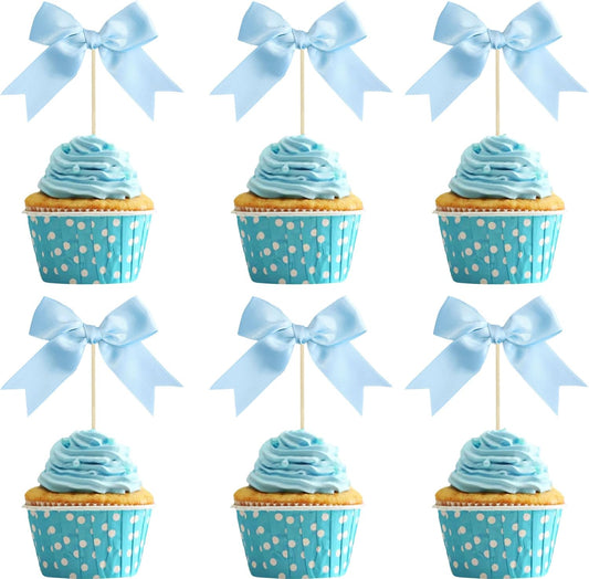 Gyufise 24Pcs Bow Cupcake Toppers Coquette Bow Girls Birthday Cake Decorations Bowknot Cake Toppers Bowknot Cupcake Picks for Baby Shower Birthday Wedding Bridal Engagement Party Supplies Lake Blue