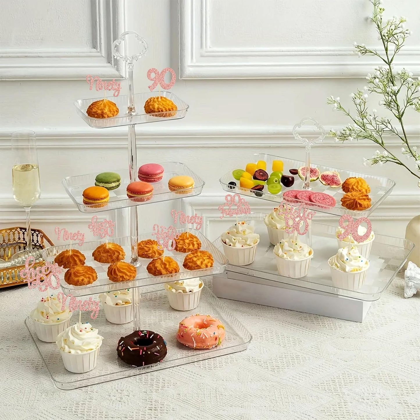 Gyufise 30pcs Happy 90th Birthday Cupcake Toppers - Rose Gold Glitter Ninety Cheers to 90 Years Old Cupcake Picks for Anniversary Party Cake Decorations