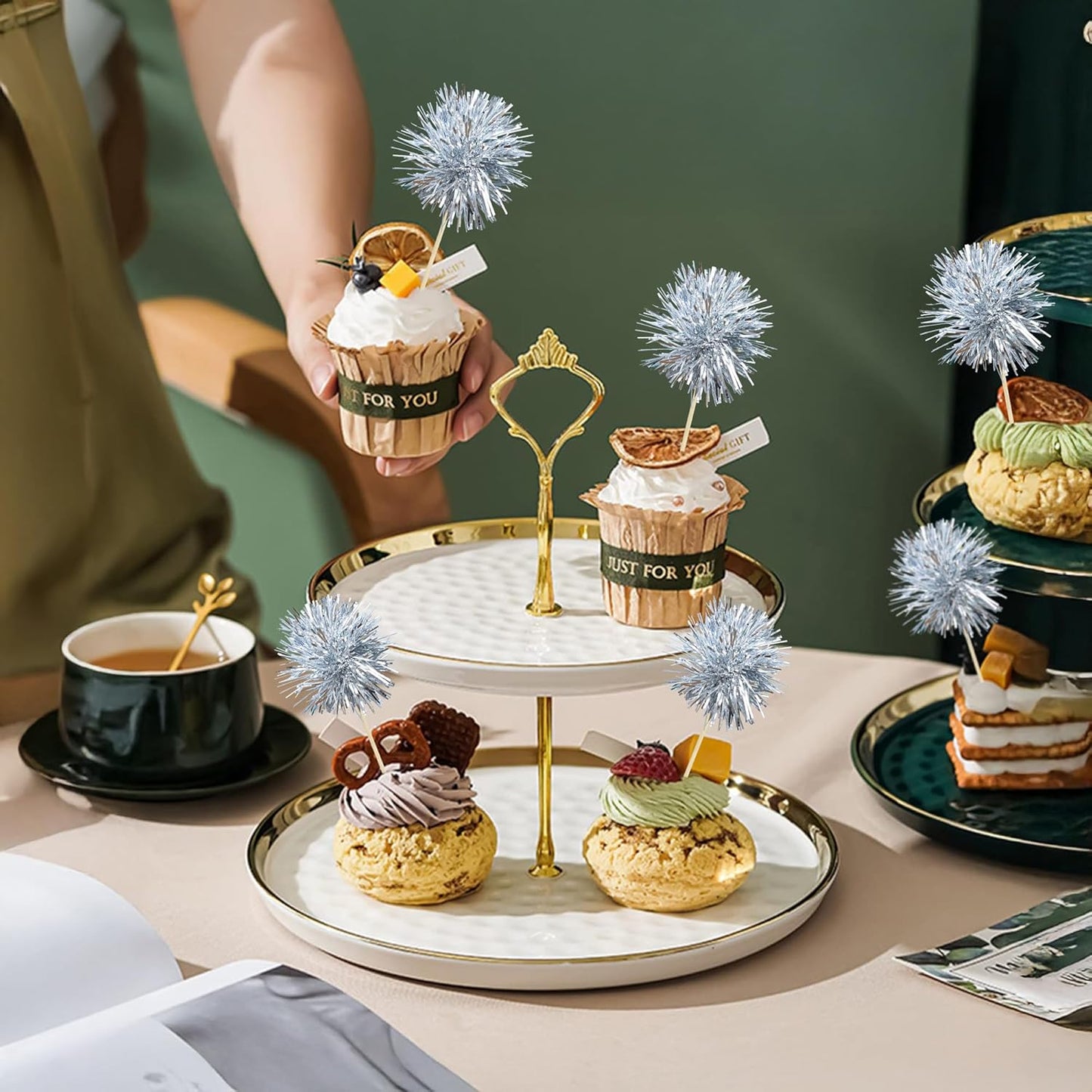 Ephlyn 30Pcs Foil Firework Cupcake Toppers Sparkle Tinsel Cupcake Picks Happy Birthday Cake Toppers Drink Stirrers Cocktail Food Fruit Toothpicks for Baby Shower Birthday Party Supplies Silver