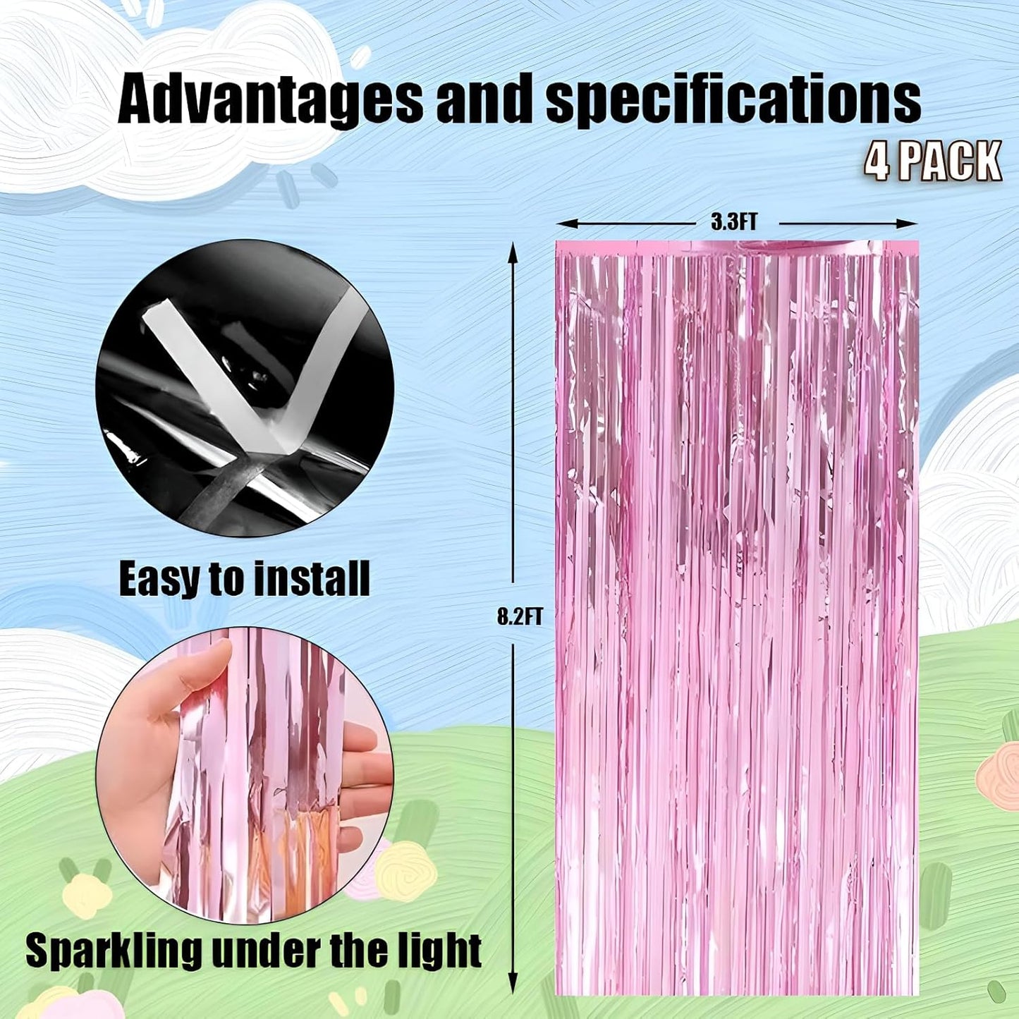 Keyali 4 Pack 3.3 * 8.3 ft Foil Curtain Metallic Tinsel Fringe Curtains Photo Booth Props Backdrop for Birthday Wedding Engagement Baby Shower Christmas Holiday Celebration Partyl,Pink