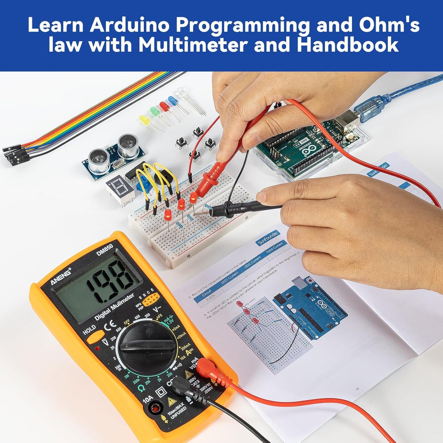 SunFounder Beginner's Lab Starter Kit with Original Arduino Uno R3 REV3 Board Multimeter Basic to Advance 25 Projects HCSR-04 Sensor Button Temp LED Microcontroller Programming