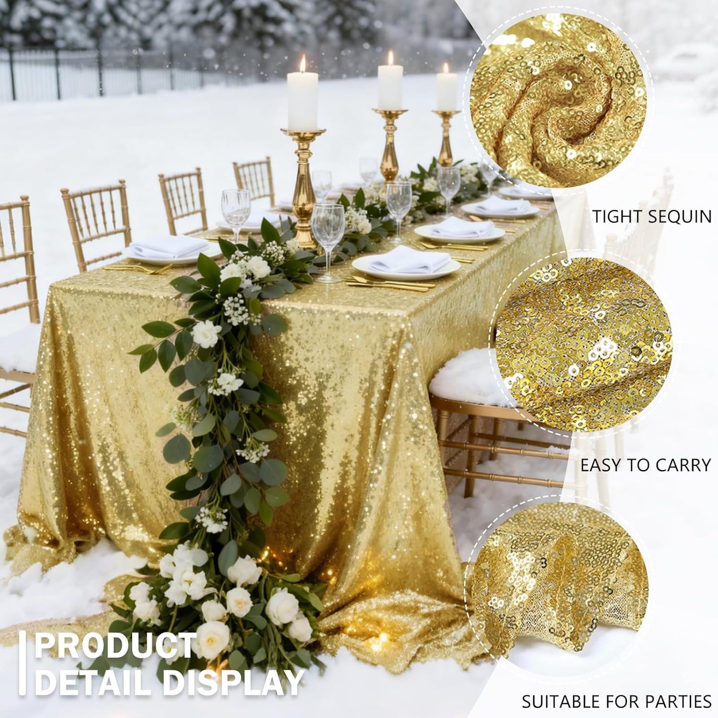 OQSQ Gold Sequin Tablecloth 50x80 inch, Glitter Drape Table Cloth, Sparkle Sequence Table Overlays for Thanksgiving Day Wedding Birthday Party Baby Bridal Shower