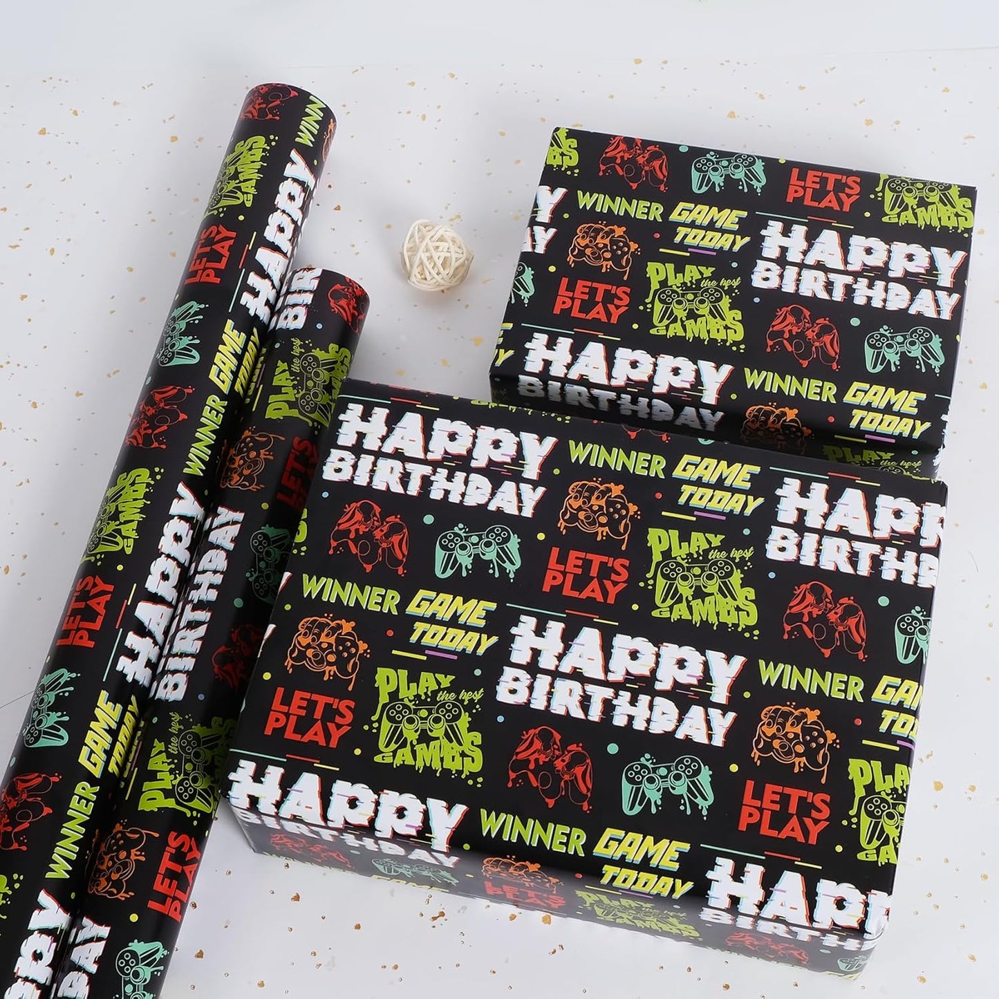 Aimyoo Gaming Birthday Wrapping Paper Roll - 17 Inch X 32.8 Feet - Black Happy Birthday Video Game Pattern Gift Wrap Paper for Boys Party, Baby Shower, Holiday