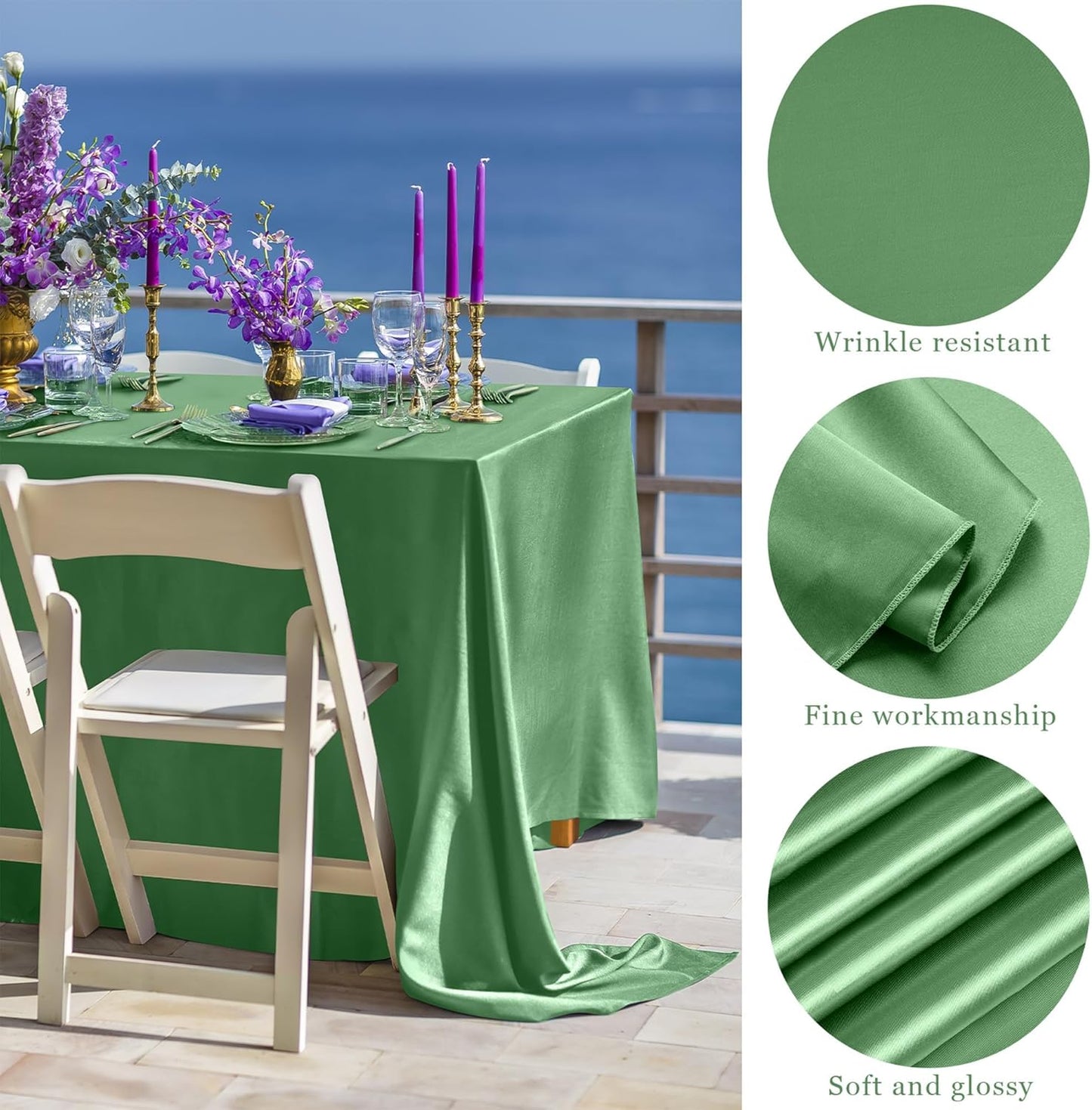 TURSTIN 4 Packs Gradient Sage Green Satin Tablecloth 102 x 58 Inch Overlay Satin Table Cover Rectangle Bright Silk Tablecloth Smooth Fabric Table Decoration for Wedding Banquet Party Events