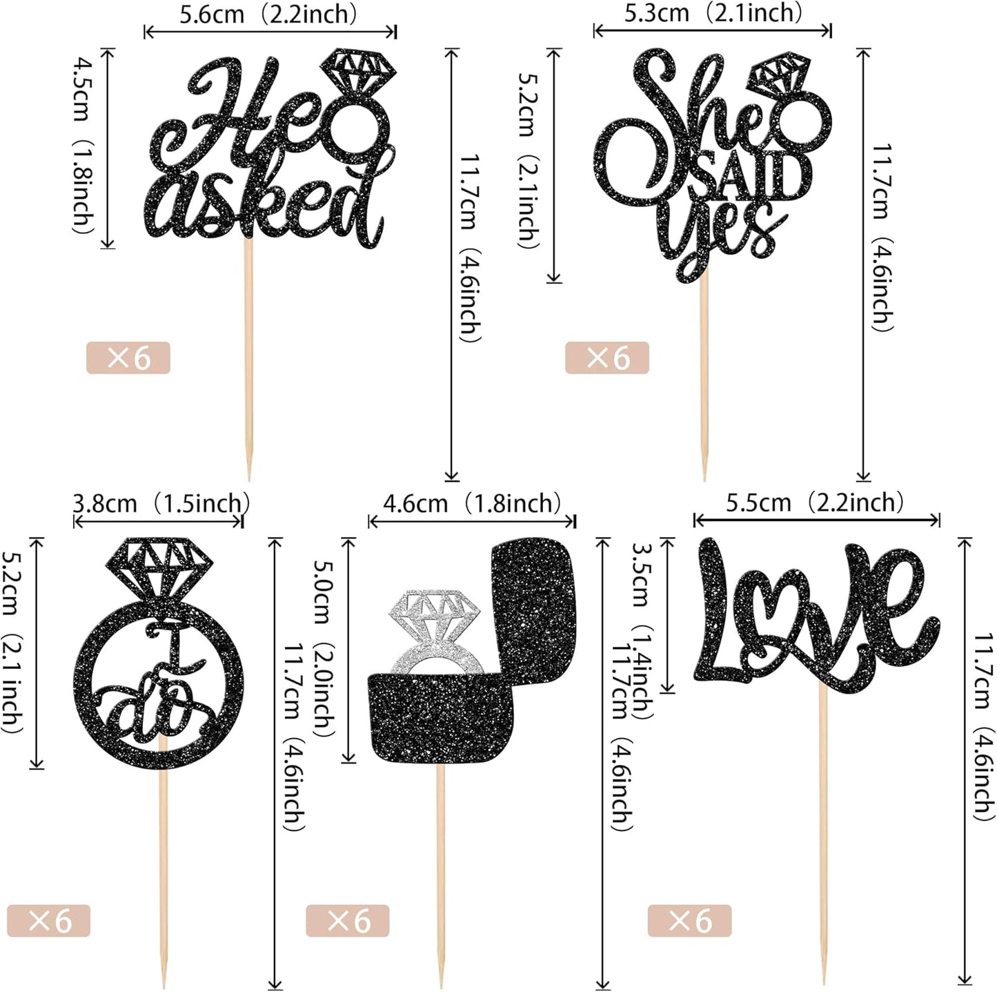 30 PCS He Asked She Said Yes Cupcake Toppers Love I Do Diamond Ring Cupcake Picks for Wedding Enaggement Bridal Shower Party Cake Decorations Supplies Black