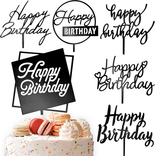 6 Pcs Black Happy Birthday Cake Toppers Set, Acrylic Cake Decoration for Birthday Party