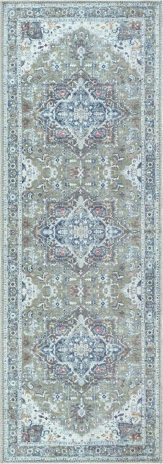 Bloom Rugs Washable Non-Slip 12 ft Runner - Green/Blue Traditional Medallion Runner for Entryway, Hallway, Bathroom, and Kitchen - Exact Size: 2.5' x 12'