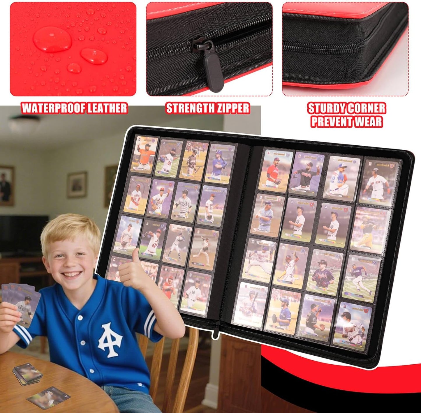 Premium 16-Card Binder 1000+ Card PU Cover Trading Card Album Compatible with MTG TCG Game Cards and Sports Cards Side Loading and Zipper Allow for Easy Collection