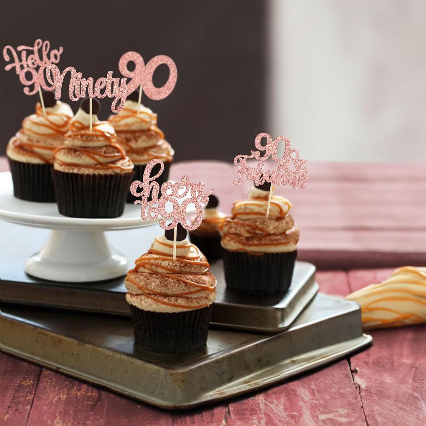 Gyufise 30pcs Happy 90th Birthday Cupcake Toppers - Rose Gold Glitter Ninety Cheers to 90 Years Old Cupcake Picks for Anniversary Party Cake Decorations