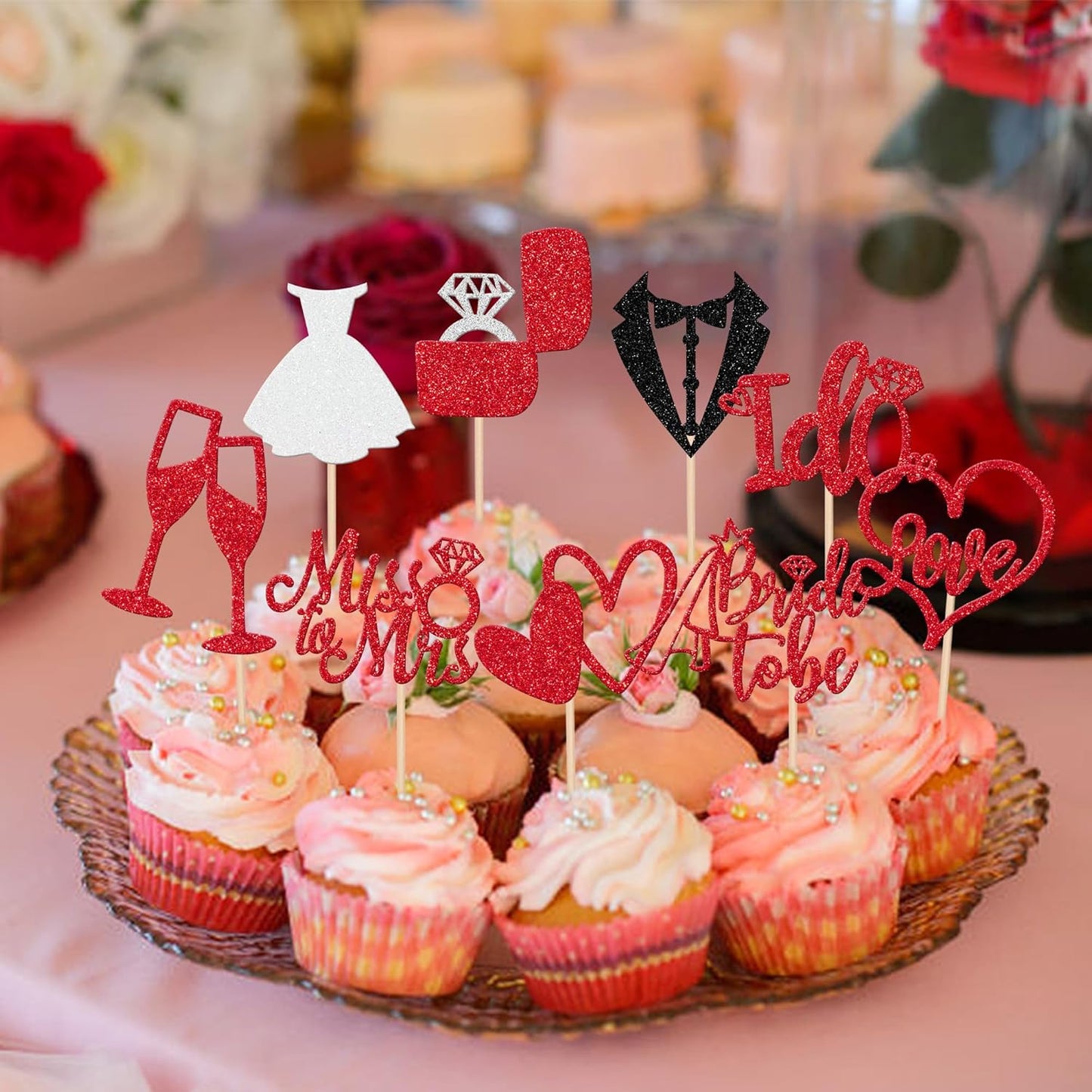 30 PCS Bride to Be Cupcake Toppers Glitter Miss to Mrs I Do Love Heart Ring Cupcake Picks Wedding Bridal Shower Cake Decorations for Wedding Engagement Bachelorette Party Supplies Red