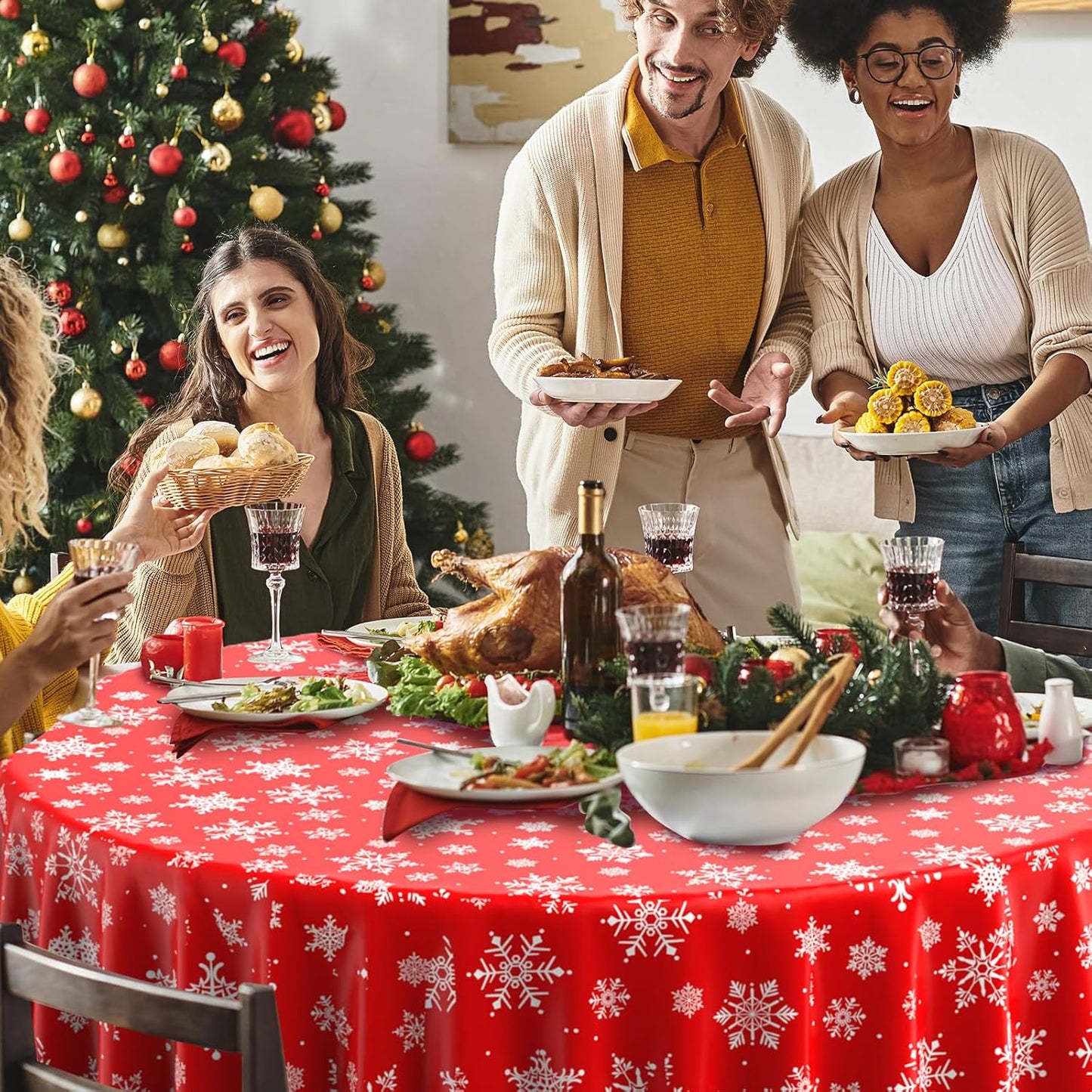 6 Pieces Christmas Snowflake Plastic Party Tablecloth Decorations, Disposable White Snowflake Red Xmas Round Table Cover Backdrop for Winter Christmas Holiday New Year Party Supplies,84 inch (Red)