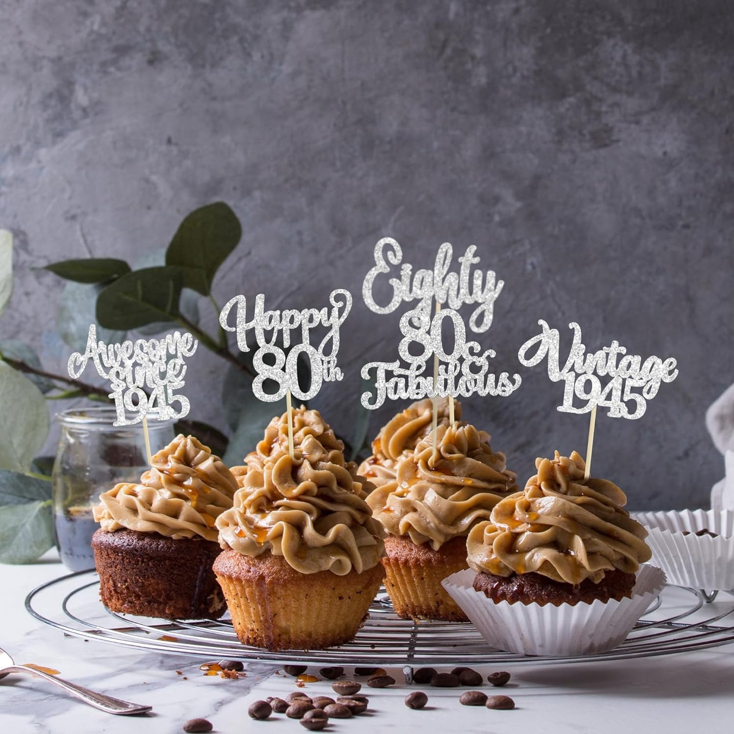 30Pcs Happy 80th Birthday Cupcake Toppers Glitter Awesome Since 1945 Eighty 80 Fabulous Vintage 1945 Cupcake Picks for 80th Birthday Anniversary Retirement Party Cake Decorations Supplies Silver