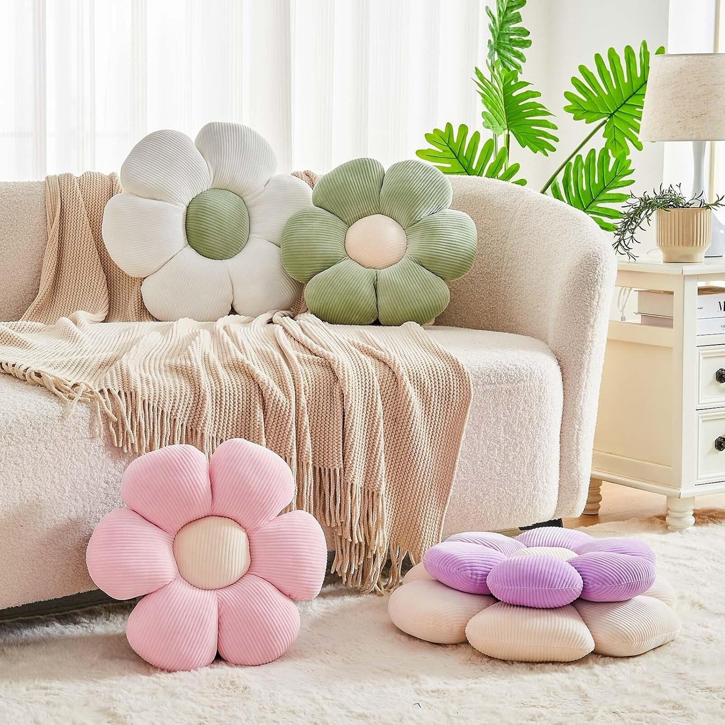 Lavender Flower Pillow, 19.6" Cute Flower Shaped Floor Pillow, Aesthetic Floral Plush Daisy Decorative Throw Pillows for Bed Sofa Couch