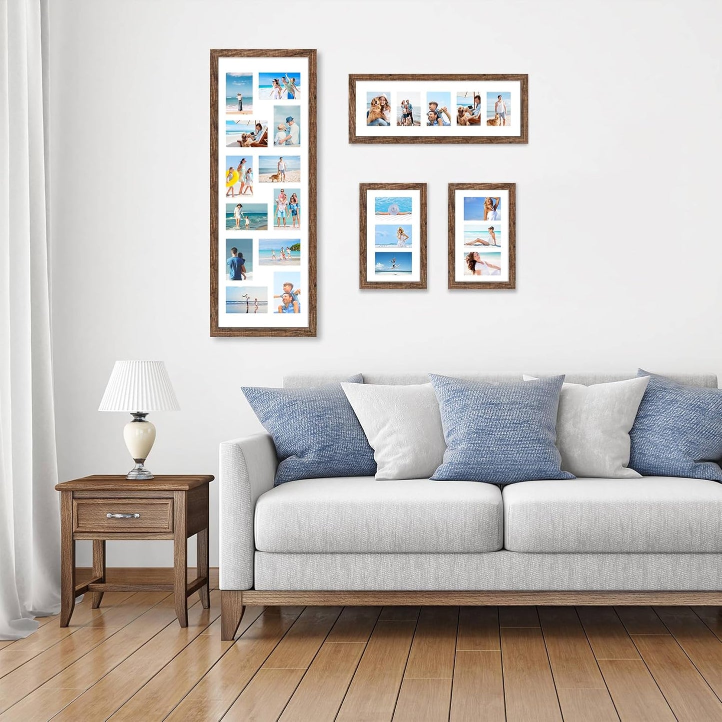 8x20 Picture Frame Set of 2, Rustic Brown Wood Frame with Tempered Glass Collage Frame, Display Pictures Four 4x6 With Mat or 8 x 20 Without Mat - Horizontal or Vertical Wall Mounting