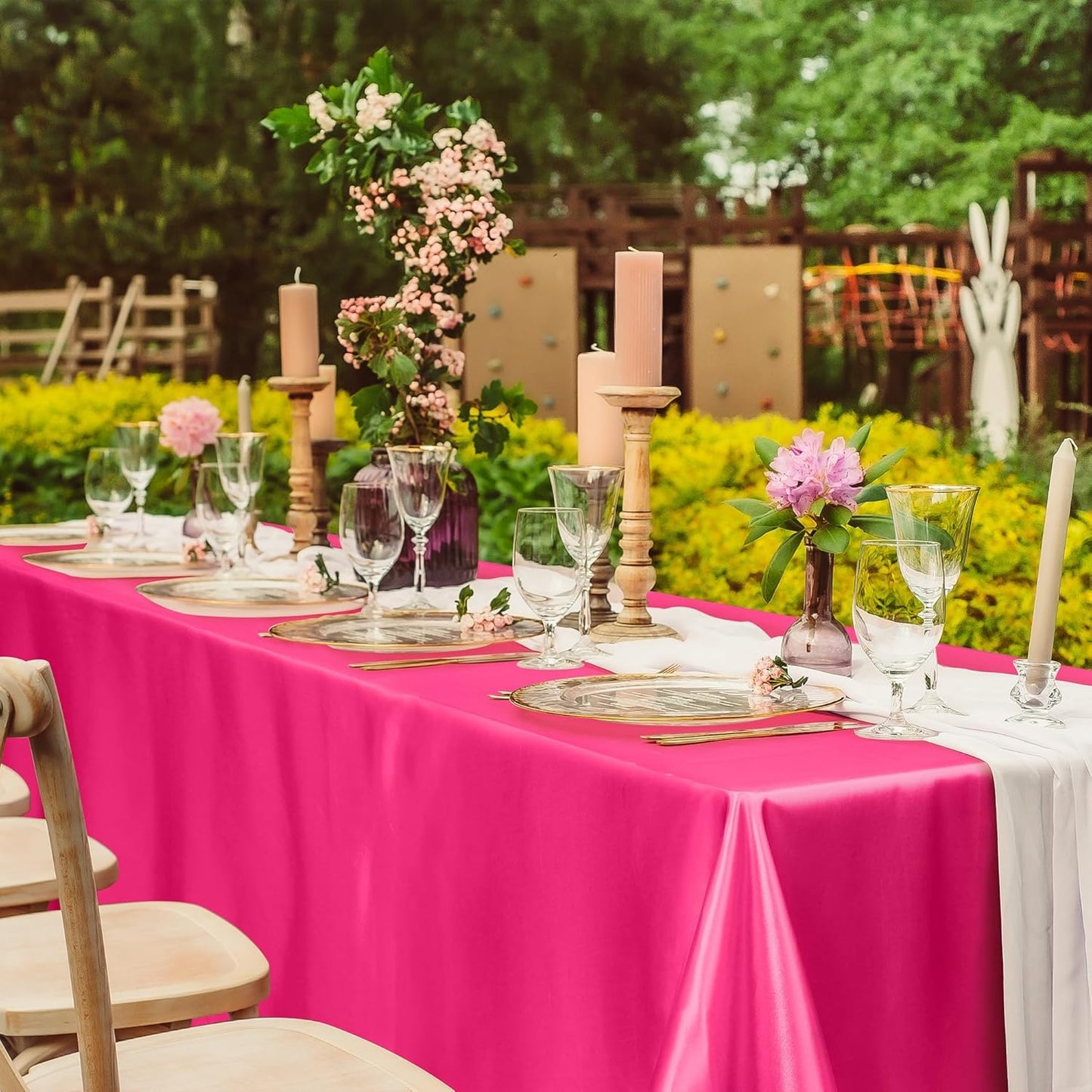 TURSTIN 1 Pack Hot Pink Satin Tablecloth 102 x 58 Inch Overlay Satin Table Cover Rectangle Bright Silk Tablecloth Smooth Fabric Table Decoration for Wedding Banquet Party Events