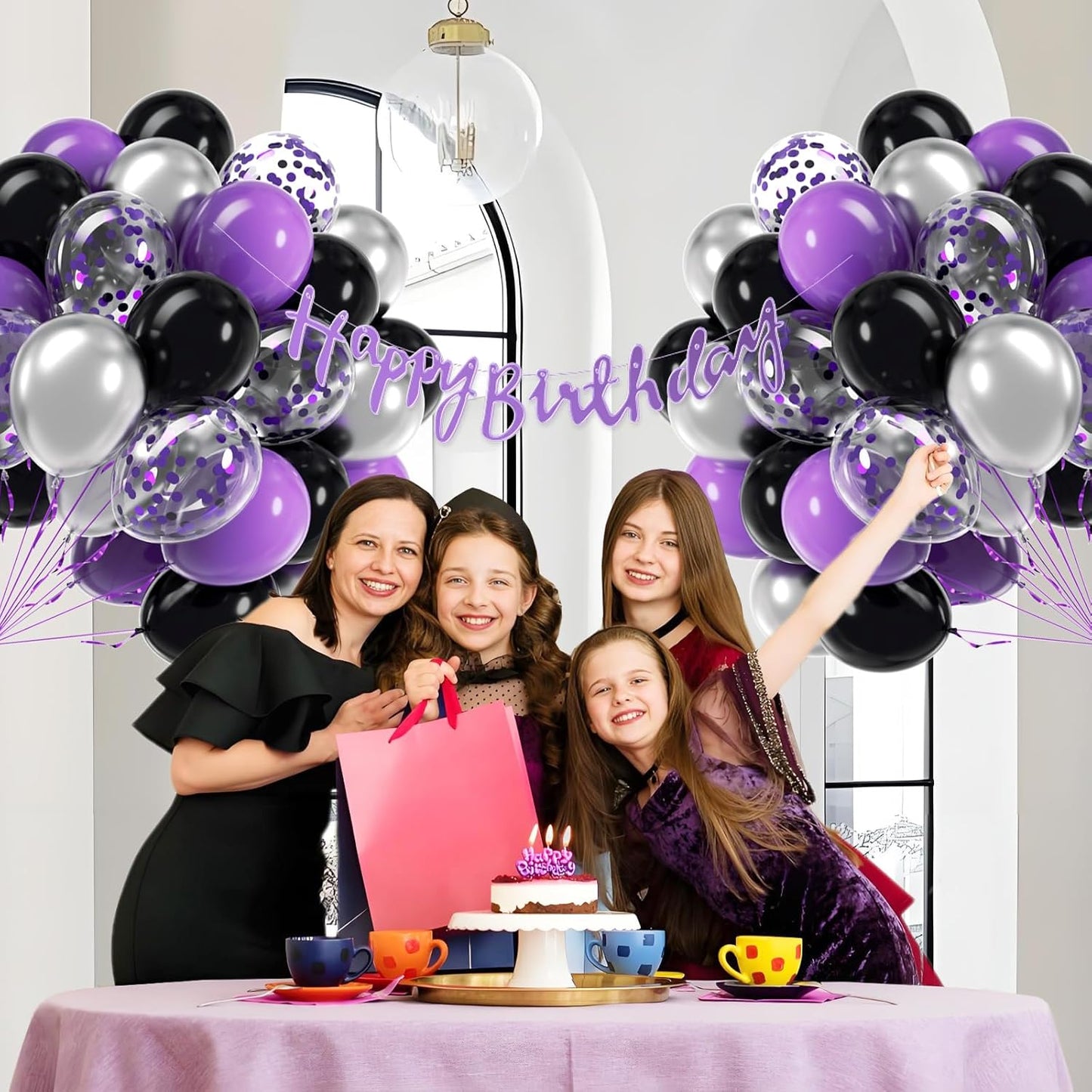 60pcs Purple and Black Balloons 12inch, Purple and Silver Balloon with Metallic Silver Confetti Balloons for Bridal Shower Graduation Birthday Party decorations