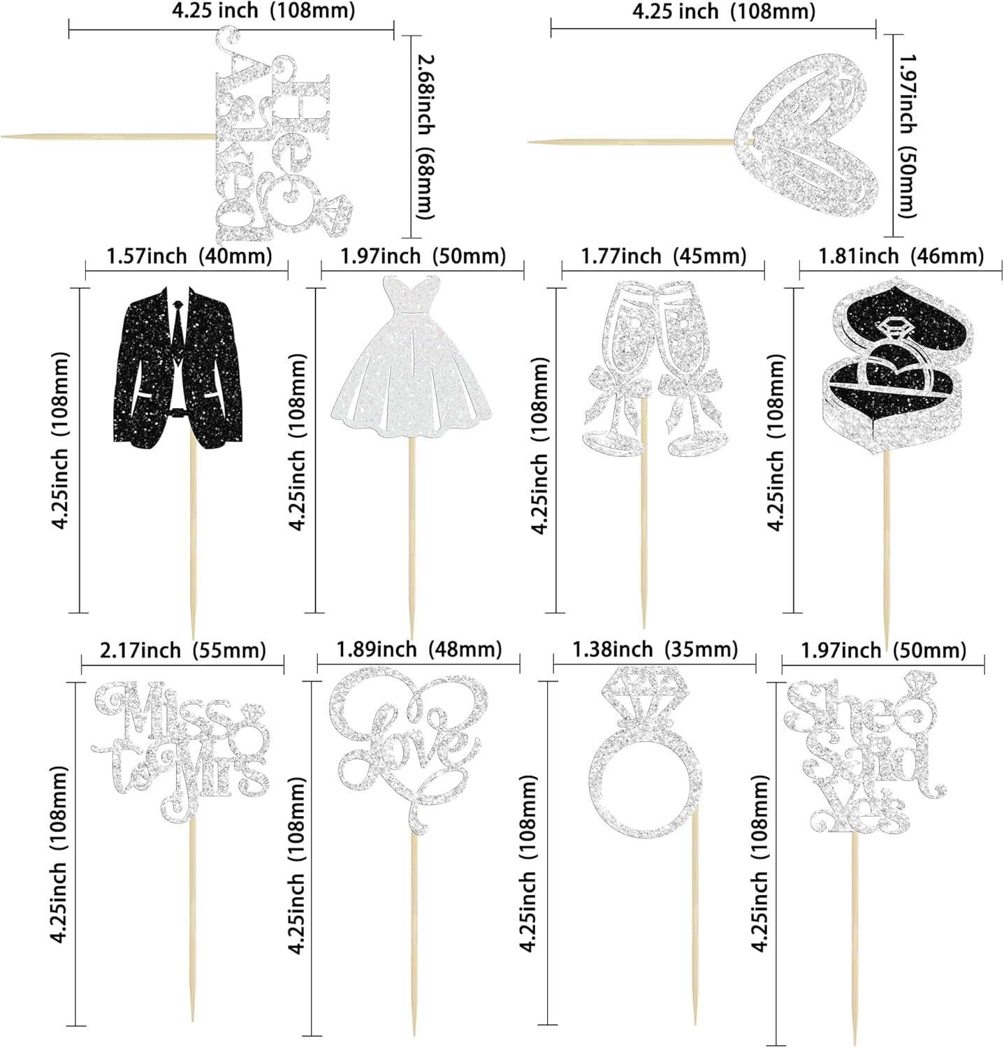 Gyufise 30Pcs She Said Yes Cupcake Toppers Glitter Diamond Ring I Do Love Cupcake Picks Miss to Mrs He Asked Bridal Shower Wedding Engagement Bachelorette Cake Decoration Silver