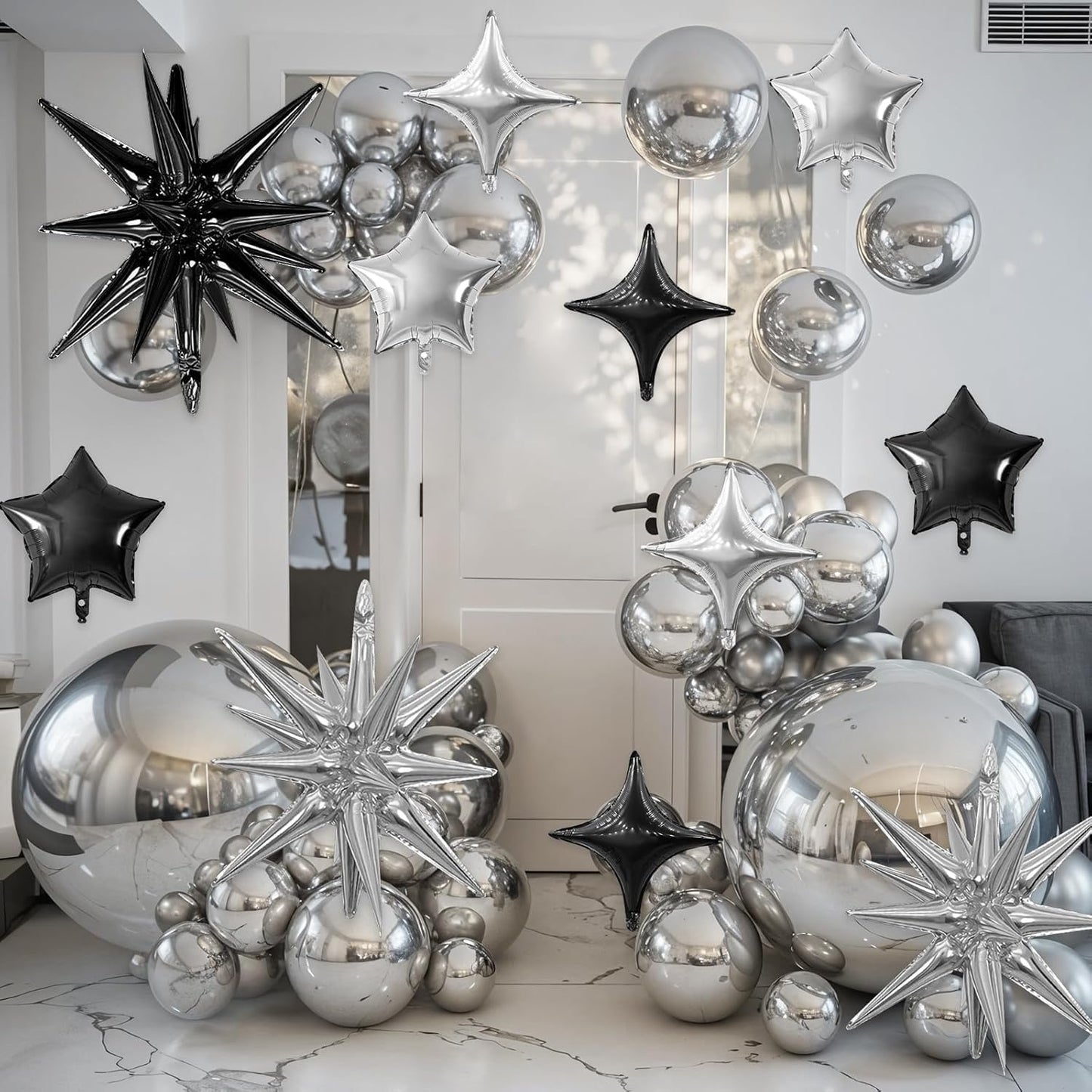 Black Silver Star Balloon,16Pcs Star Foil Balloons Set with 22Inch Explosion Spike Cone Balloons and 10Inch Quadrangle Helium Balloon for Birthday Wedding Baby Shower Party Decorations