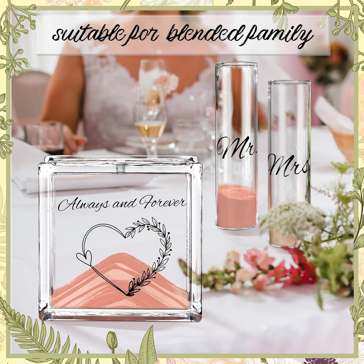 Wedding Unity Sand Set Include Vases Square Glass Jar Container 12 oz Sand for Blended Family Engagement Anniversary Bridal Party Outdoor Beach Decor(Light Colors,Heart)