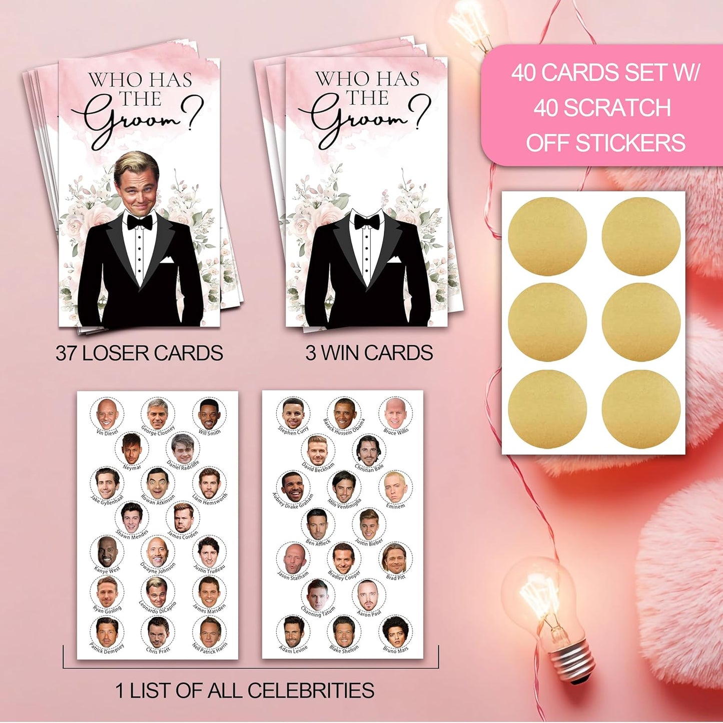 Who Has The Groom Bridal Shower Games, 41 PCcs Pink Floral Scratch Off Cards, 3.5"x 2.1" Funny Bachelorette Party Game Favor Decor, Engagement Party Ideas Activities-A02