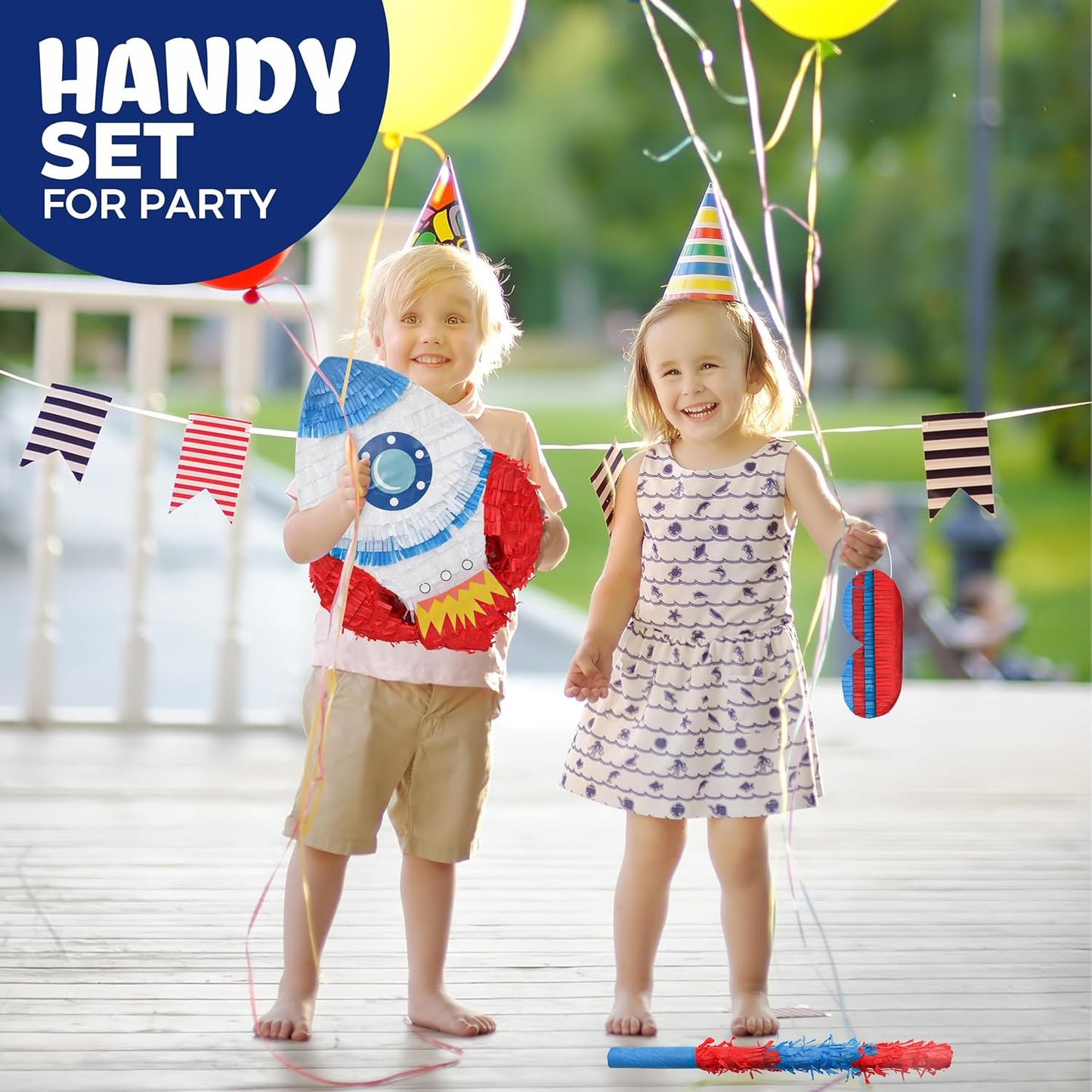 Rocket Pinatas Bundle with a Blindfold and Bat(16.5x11.4x4 Inches), Perfect for Boy's Birthday Party Supplies, Space Theme Birthday, Decoration for Kids Party