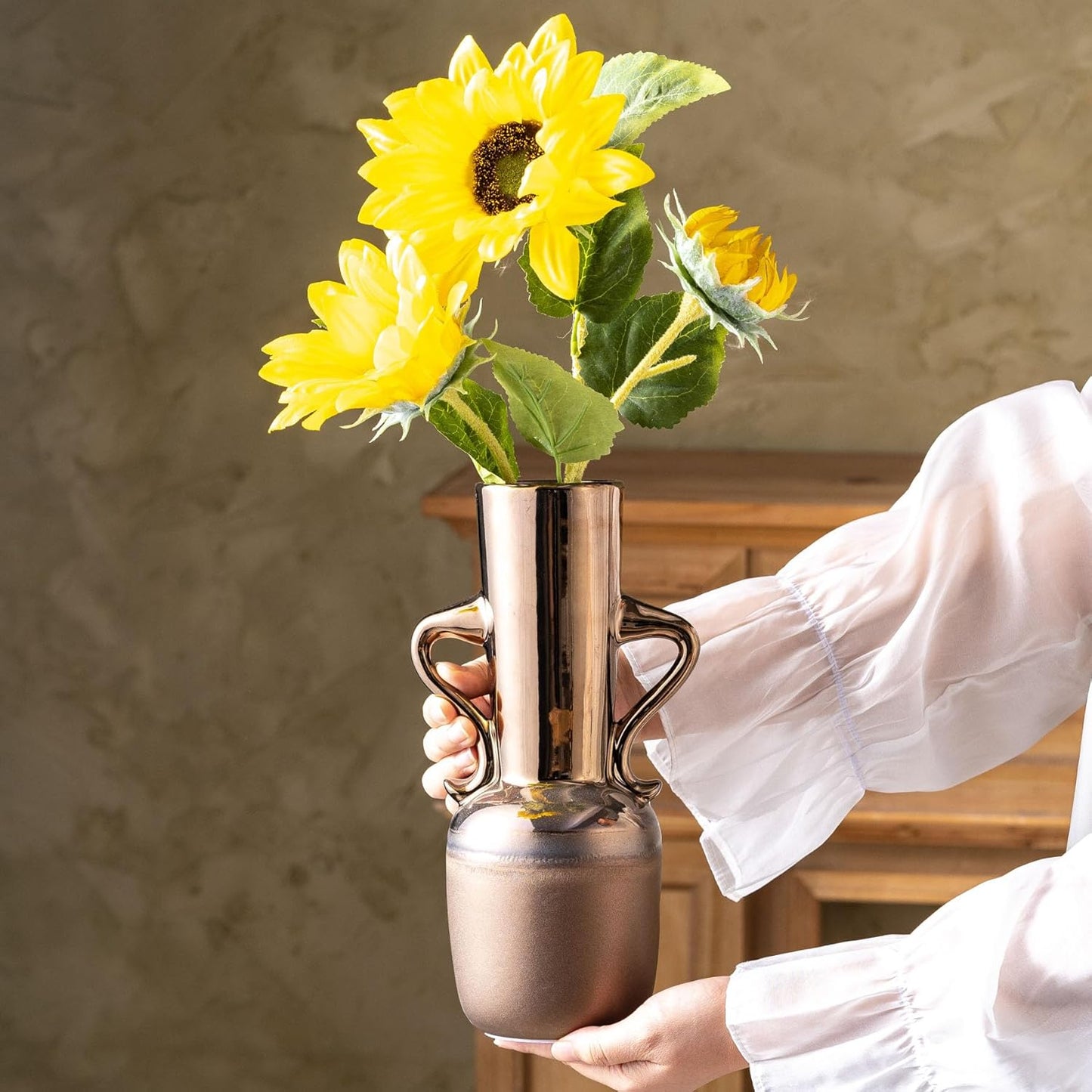 Gold Ceramic Vase with Handles, Brown Rustic Farmhouse Vintage Flower Vases Home Decor, Modern Amber Tall Centerpiece Floral Large Vases for Living Room, Bedroom, Office Metal Glaze Finish 11 Inch