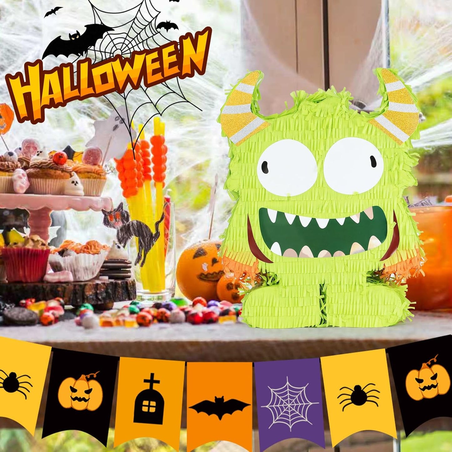 Halloween Monster Pinatas Bundle with a Blindfold and Bat (16.4x12.5x4 Inches), Halloween Parties Supplies Game and Decoration