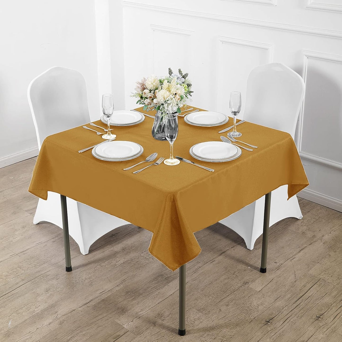 Fokitut 2 Pack Waterproof Square Tablecloth, 90x90 Inch, Stain Resistant and Wrinkle Polyester Table Cloth, Fabric Table Cover for Kitchen Dining, Wedding, Party, Holiday Dinner-Gold