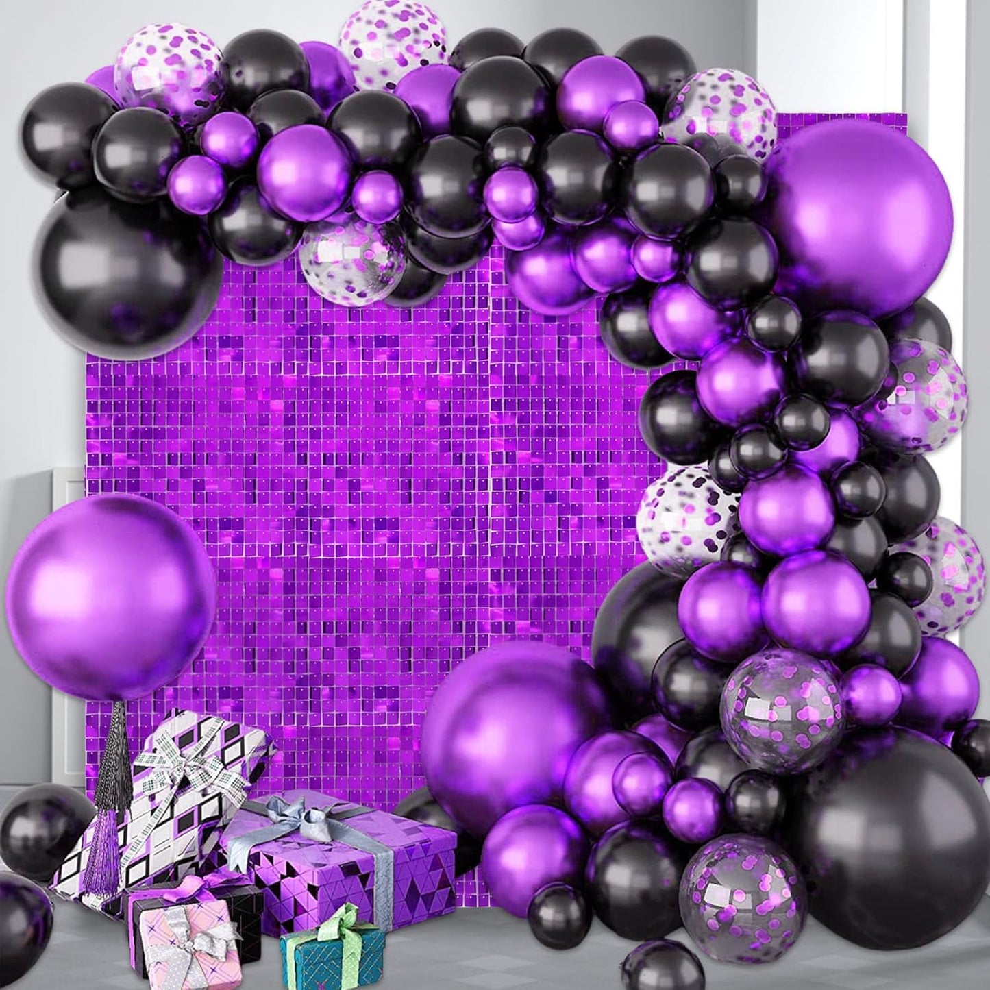 24PCS Purple Shimmer Wall Backdrop, Square Sequin Backdrops Panel, Glitter Wall Background for Birthdays, Weddings, Halloween, Engagements, Disco Bachelorette Party Decoration (4FTx6FT)