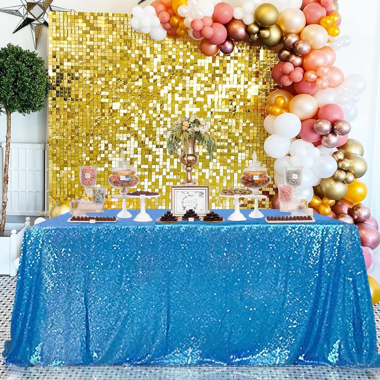 QueenDream Aqua Blue Tablecloth 90 x 156 Inch Sequin Tablecloth for Party Decorations Glitter Tablecloth for Bridal Baby Shower Wedding
