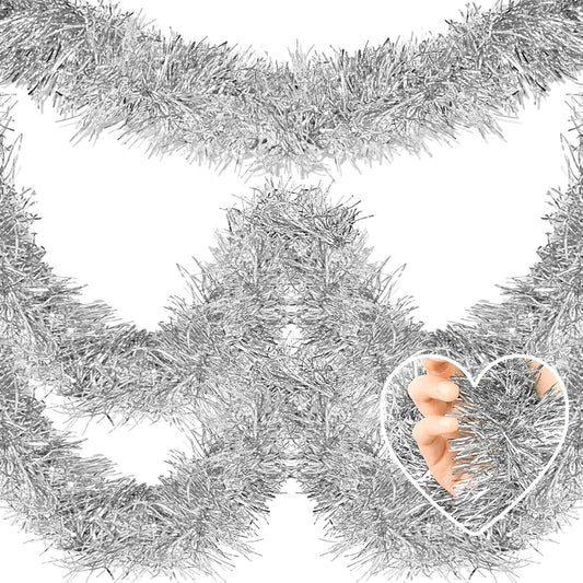 25 Feet Metallic Twist Tinsel Garland Wall Hanging Backdrop for Parade Floats, Christmas Eve, New Year, Valentine's Day Party Decorations (Silver, 4in x 25ft)