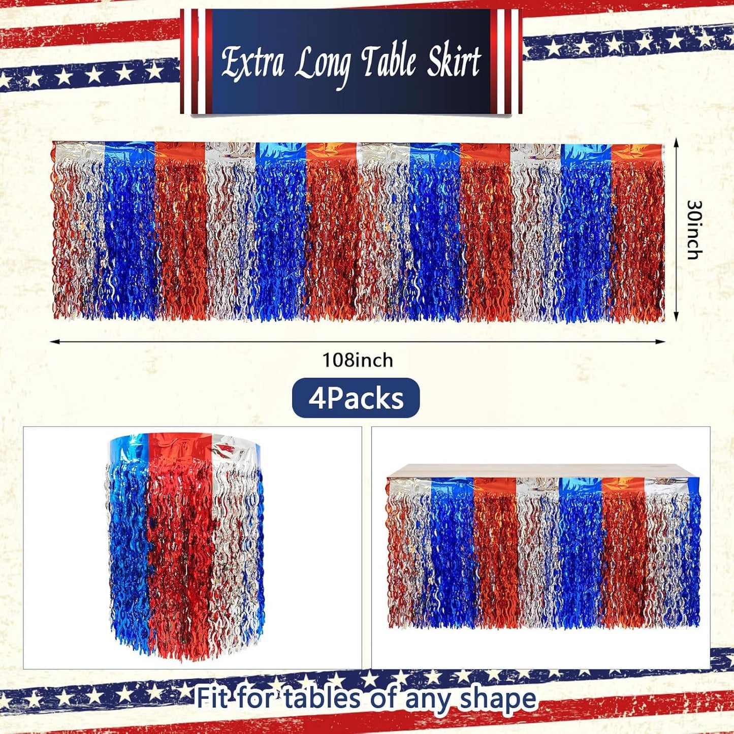 CCINEE 4 Pack 4th Of July Foil Fringe Table Skirt, 36ft Wavy Metallic Tinsel Red White And Blue Patriotic Decorations for Independence Memorial Veterans Day Labor Day Table Skirts Decoration