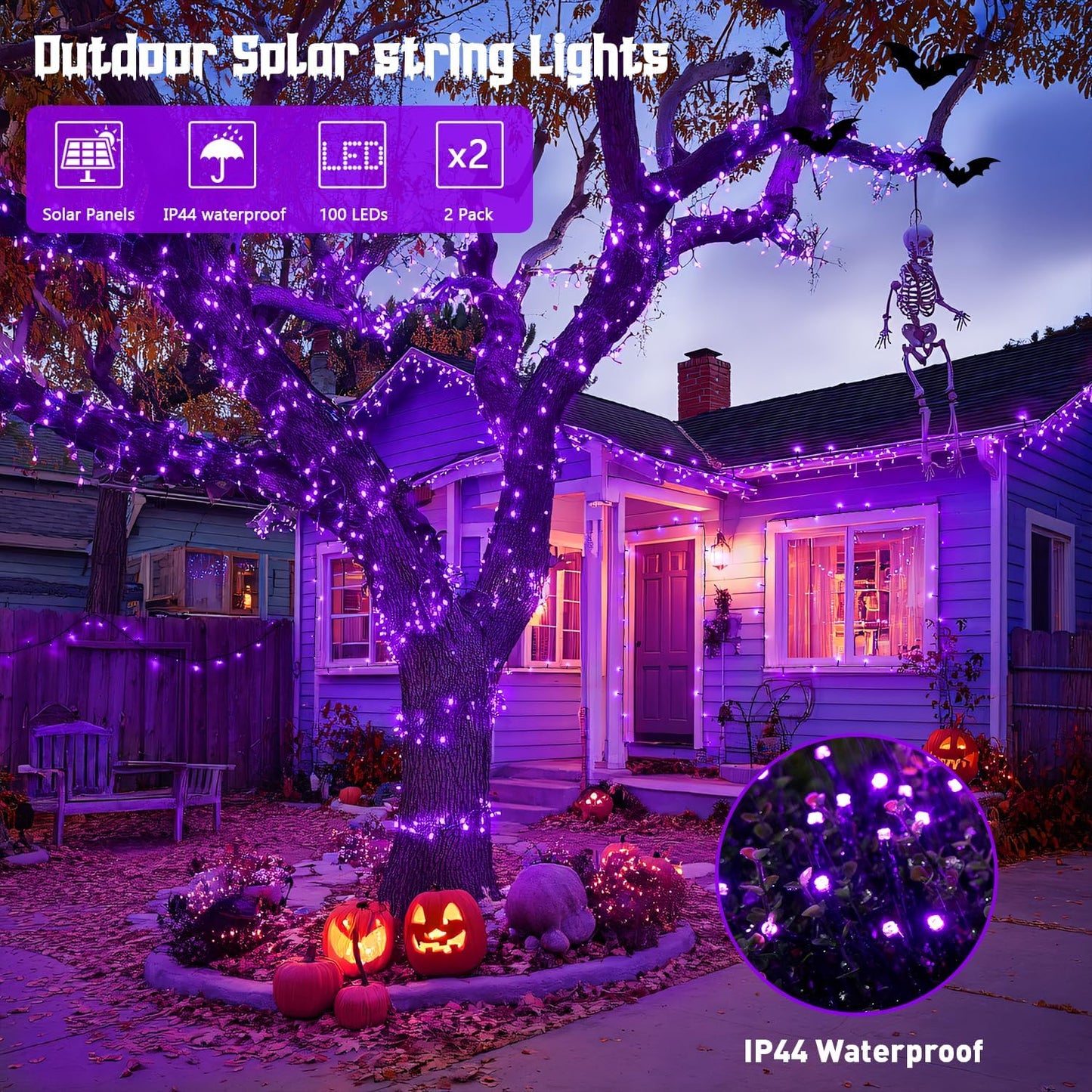 JMEXSUSS Purple Solar Lights Outdoor Waterproof, 2 Pack 100 LED Solar Halloween Lights, Purple Christmas Light for Halloween Decor Outside Tree Yard Garden