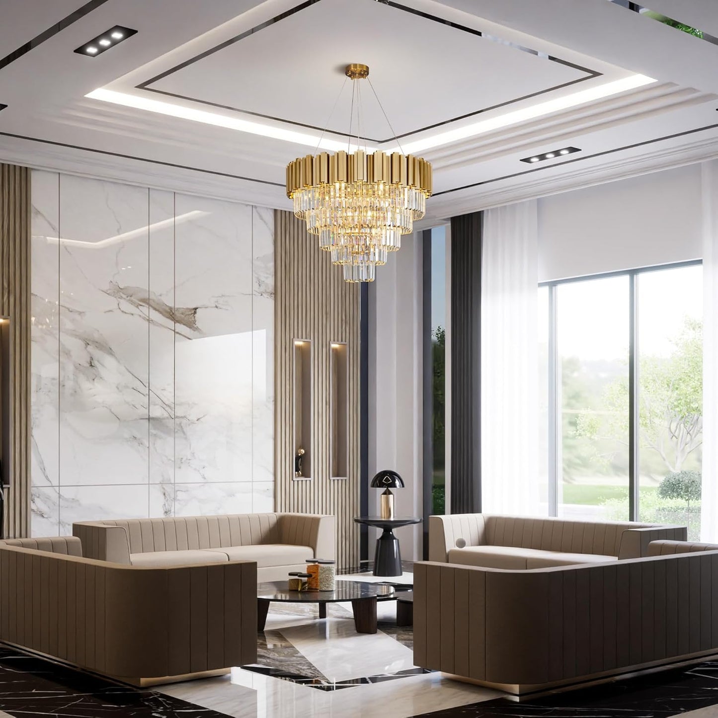 Modern Crystal Chandelier, 27.5" Gold Chandelier for Dining Room, 9-Light Luxury Round Chandeliers, 5-Tier Contemporary Light Fixture for Living Room, Bedroom, Foyer, Entryway