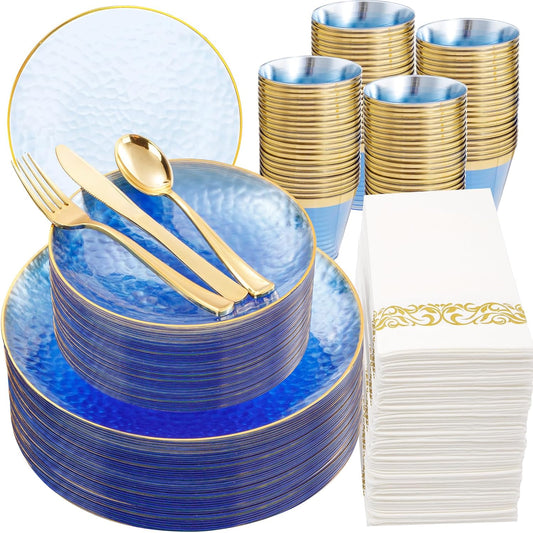 Rubtlamp 350 Pcs Clear Blue Plastic Plates, Blue Gold Plastic Dinnerware Set (50 Guests), Blue Disposable Plates With Gold Rim, Hammered Party Plates Set for Christmas Wedding And Party