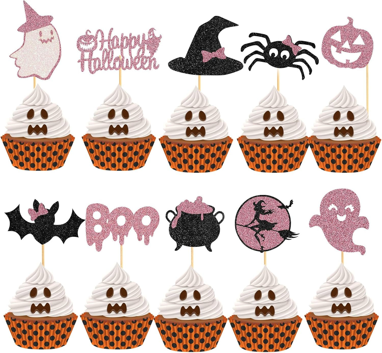 60Pcs Halloween Cupcake Toppers, Bat Pumpkin Ghost Cupcake Decorations for Halloween Party Supplies,Pink Multi Style1