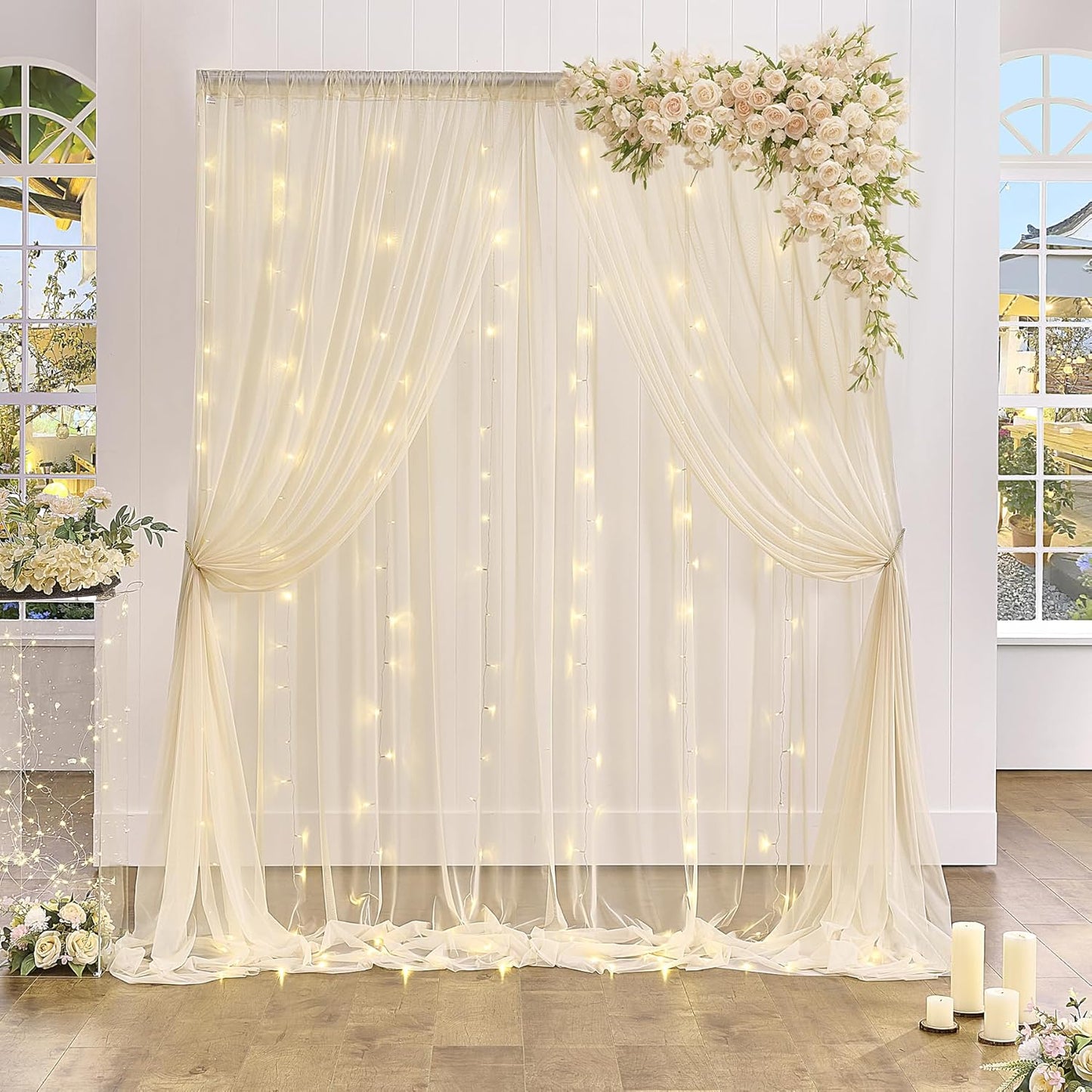 Champagne Sheer Backdrop Curtain with Lights String for Parites Wedding 20×10ft Tulle Backdrop Curtains for Bridal Shower Baby Shower Birthday Party Photo Shoot Decorations(4 Panels 5ft×10ft)