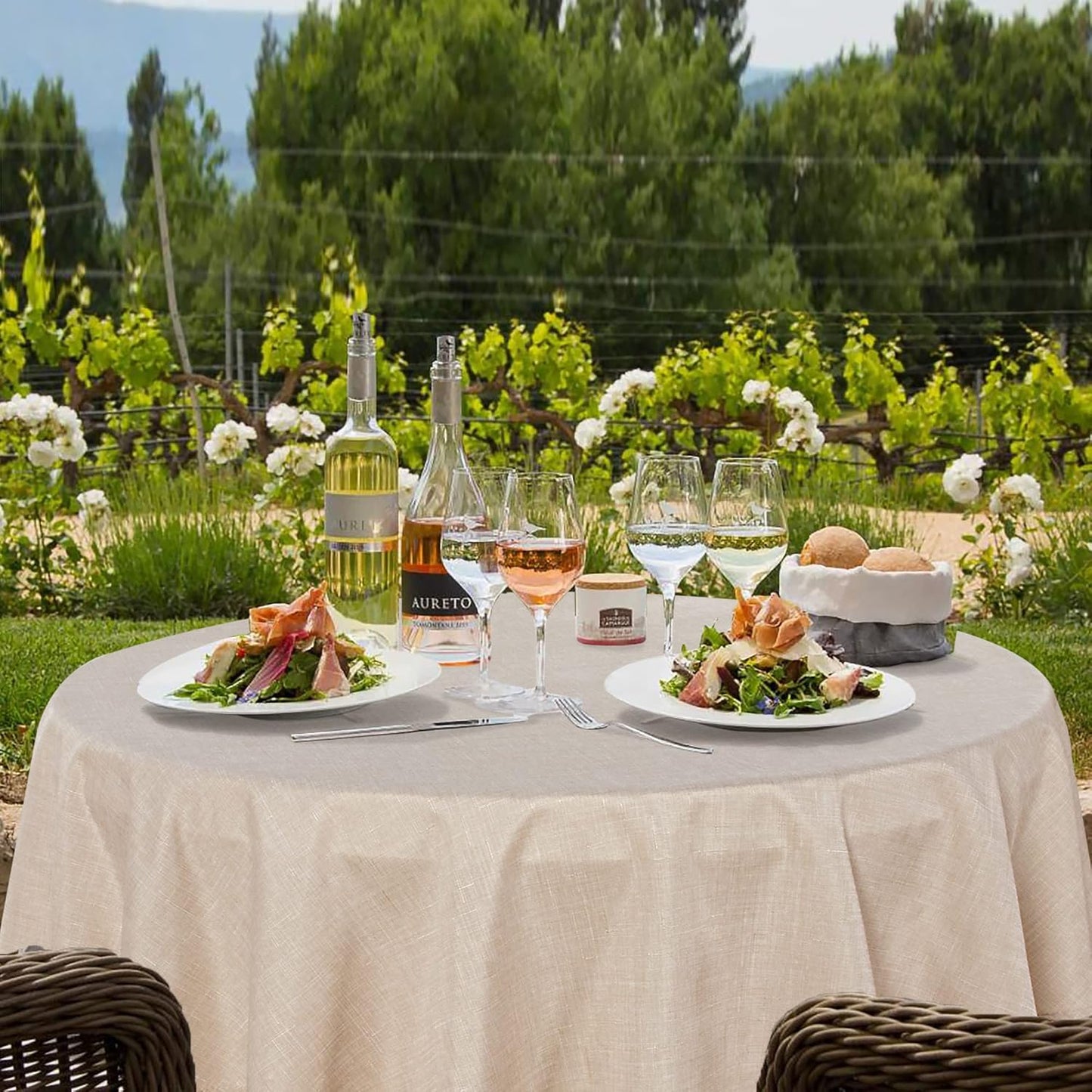 Fitable Faux Linen Textured Beige Round Tablecloths 60 Inches - 2 Pack Faux Burlap Table Clothes for Banquet, Party, Dining, Farmhouse, Outdoor (Great for 20"-48" Round Tables)
