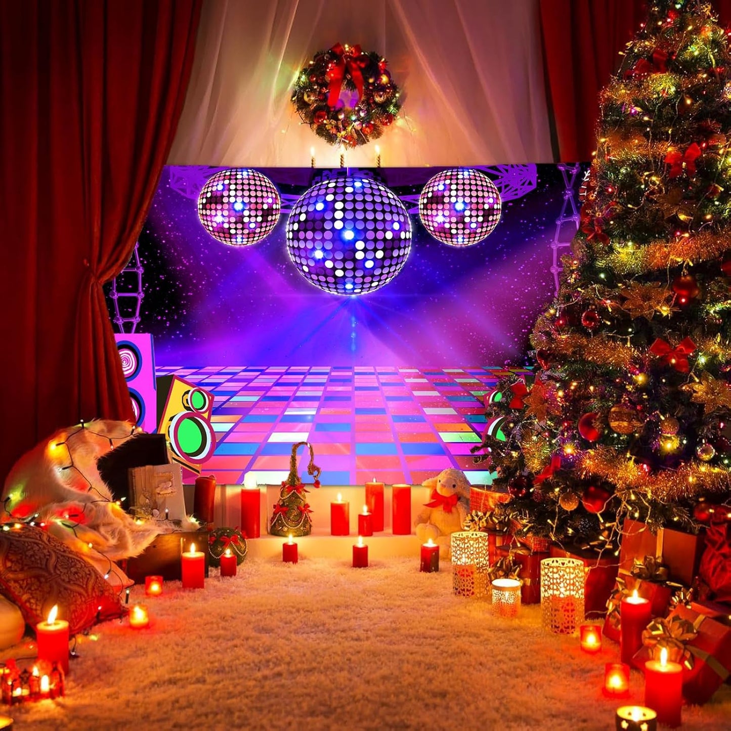 Dance Party Backdrop Retro 80s 90s Theme Stage Dance Ball Music Birthday Party Decoration DJ Photography Background 15 x 10 ft for Baby Shower Picture Photo Shoot Polyester Fabric, Red