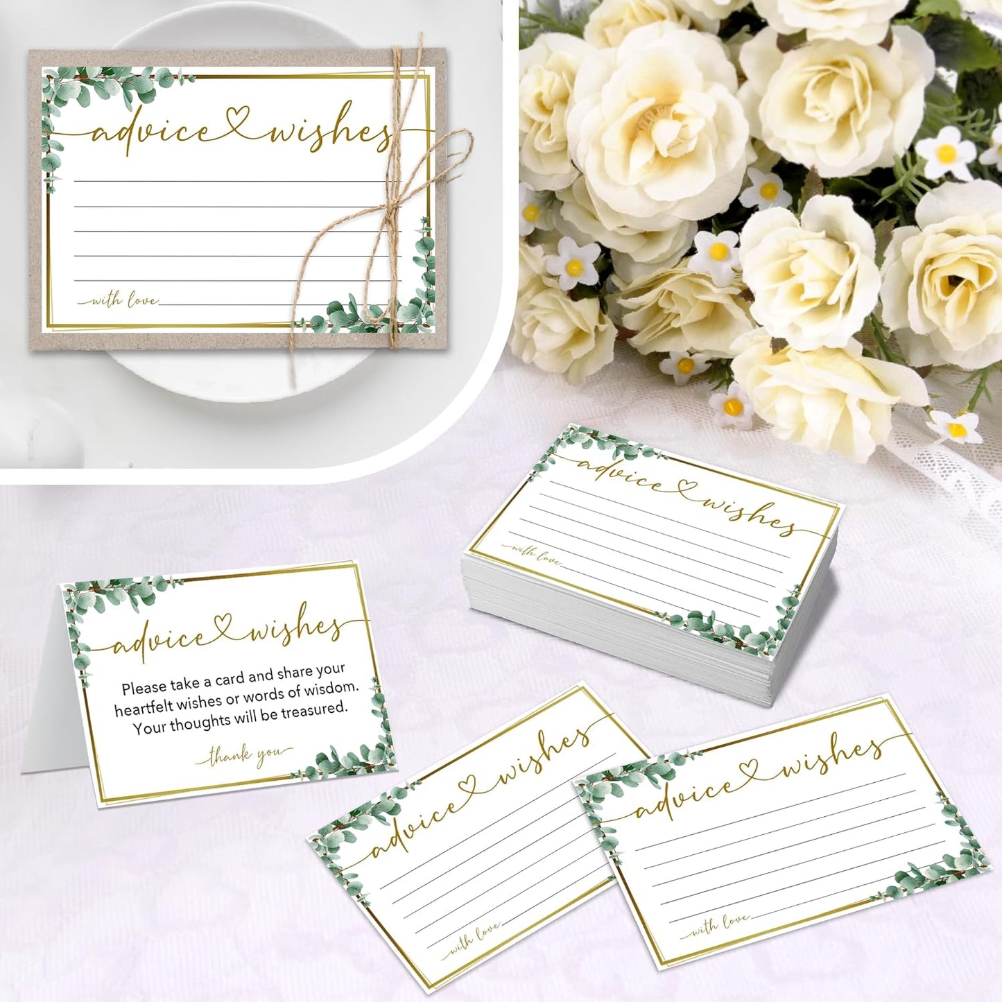 50 Advice and Wishes Cards, Double Sided Fill-In Advice Cards For Bridal, Wedding, Graduate Party, Mr & Mrs, Retirement, Baby Shower, Party Favor & Supplies, 4x6 inches Eucalyptus -A06