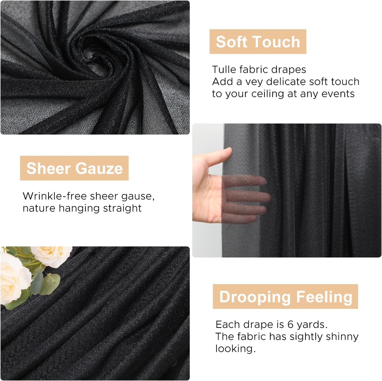 Wokceer Black Wedding Arch Draping Fabric Backdrop 3 Panels 28.7" X 20FT Sheer Drapes Fabric for Wedding Arbor Ceremony Party