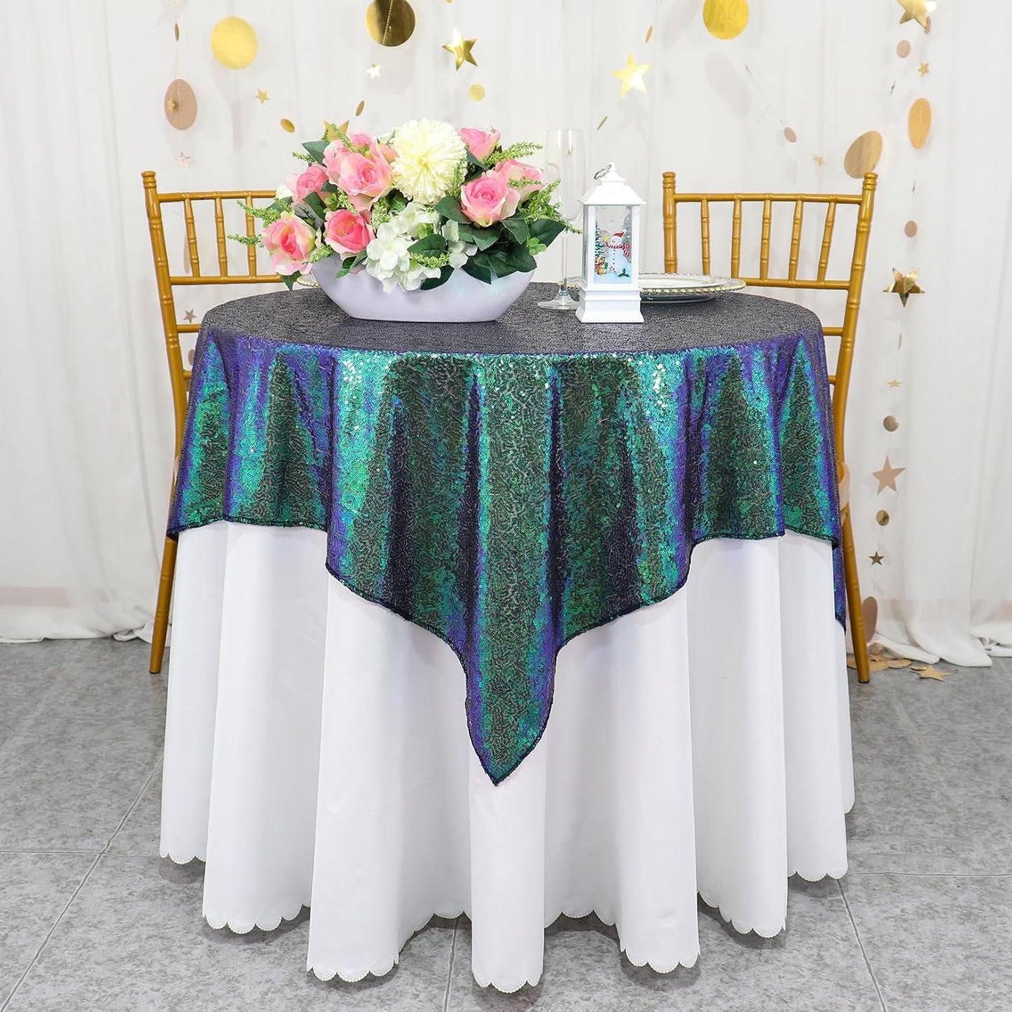 ShinyBeauty 36”x36” Iridescent Green Sequin Tablecloth - Glittery Overlay for Small Tables, Perfect for Birthday & Baby Shower Decor, Sparkly & Durable